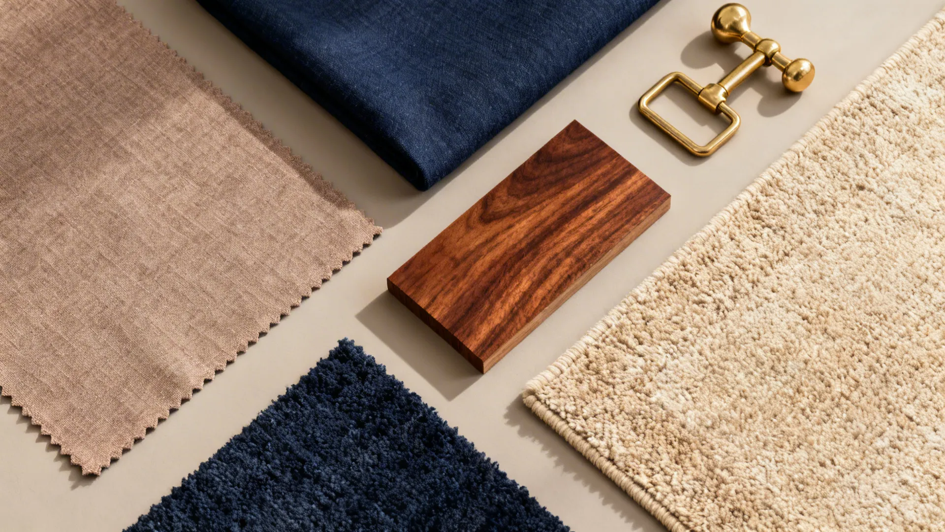 Flatlay of taupe, navy, and chestnut material samples with brass accent.
