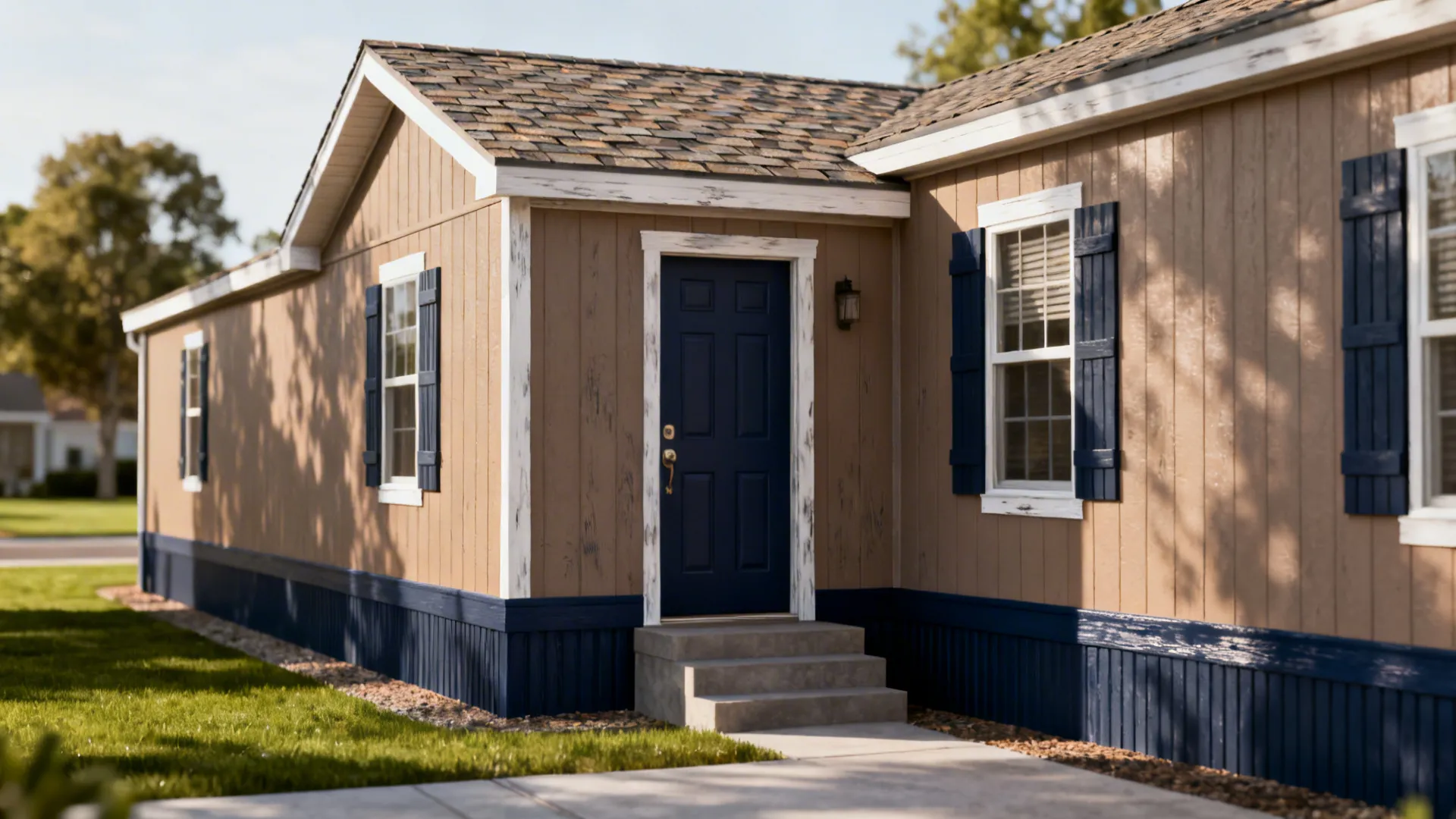 Single wide with warm taupe siding and a deep navy door creating a chic focal point.