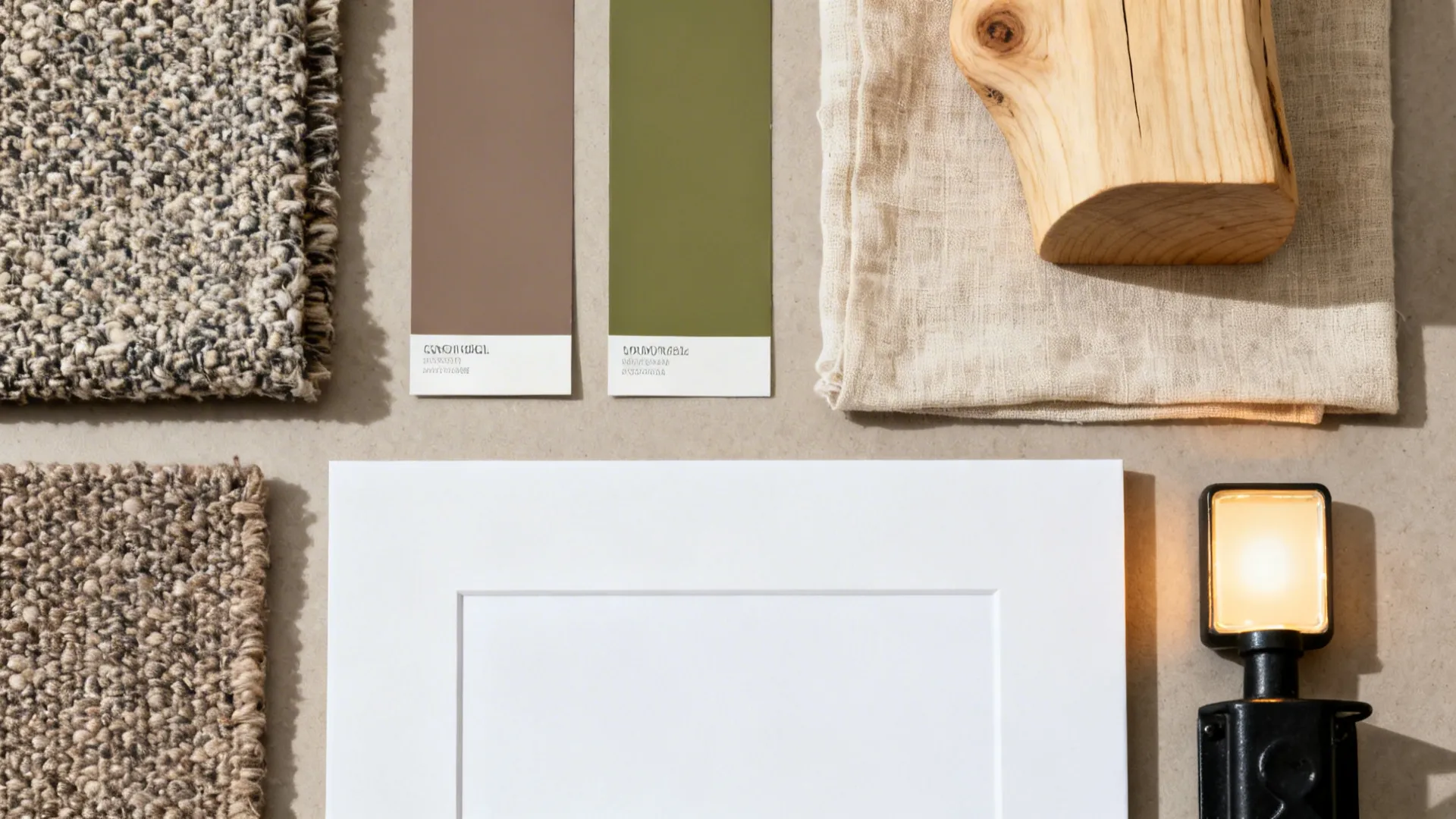 Flatlay showing taupe and olive color swatches beside fabric samples wood and white cabinet door