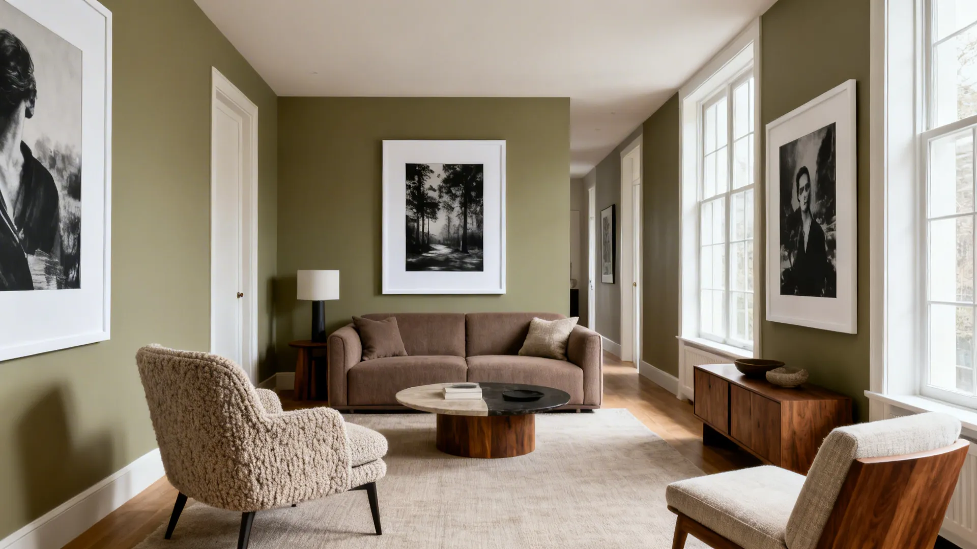 Olive green living room with brown sofa marble coffee table fuzzy chairs and large framed art