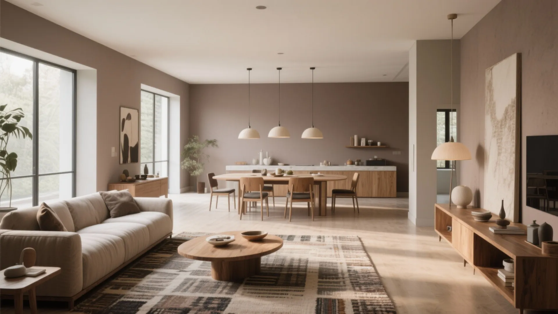 Open-plan living and dining spaces with continuous taupe walls and rugs that define zones.