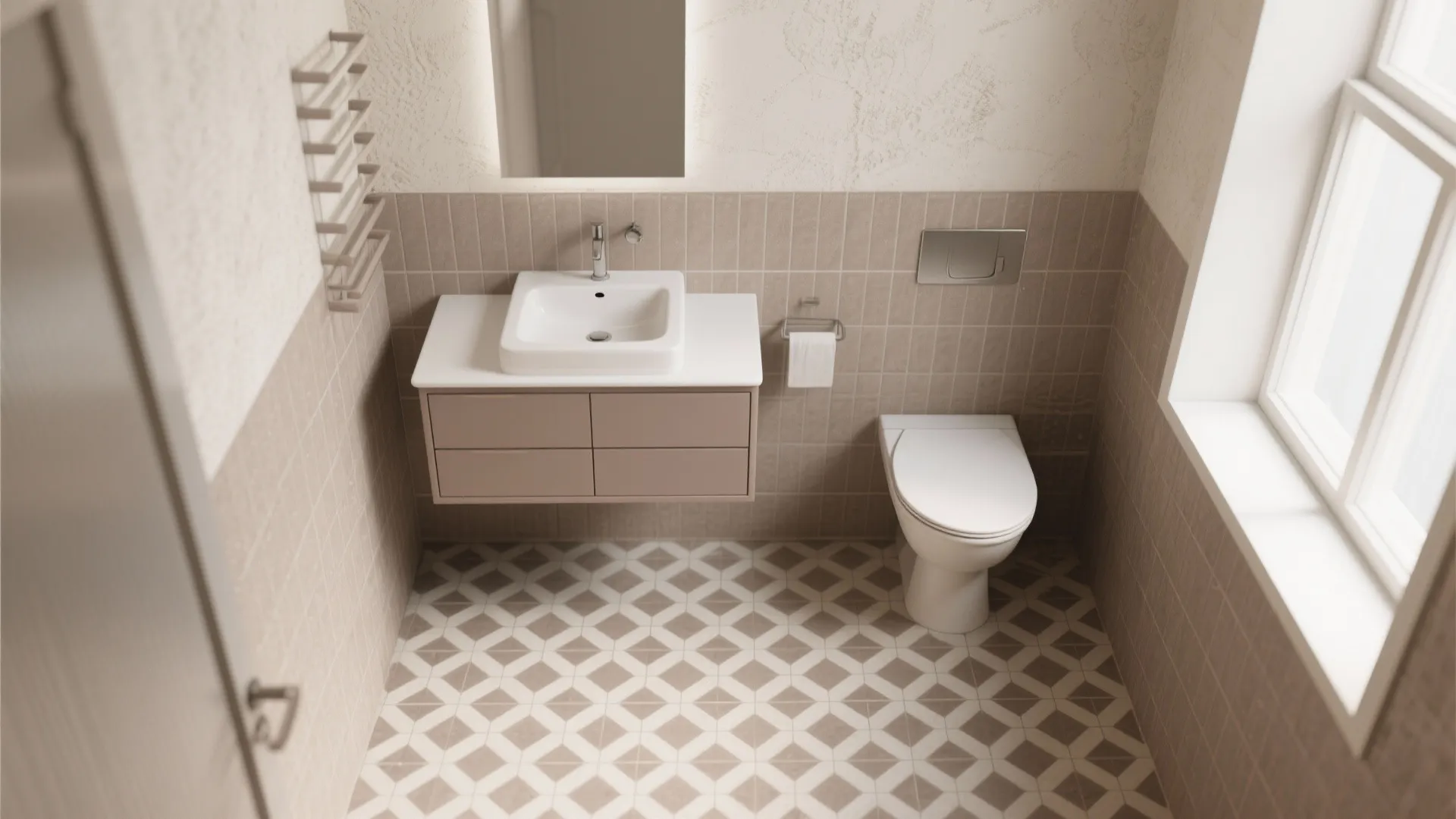 Minimalist bathroom featuring taupe wall tiles patterned floor white toilet vanity sink and large window
