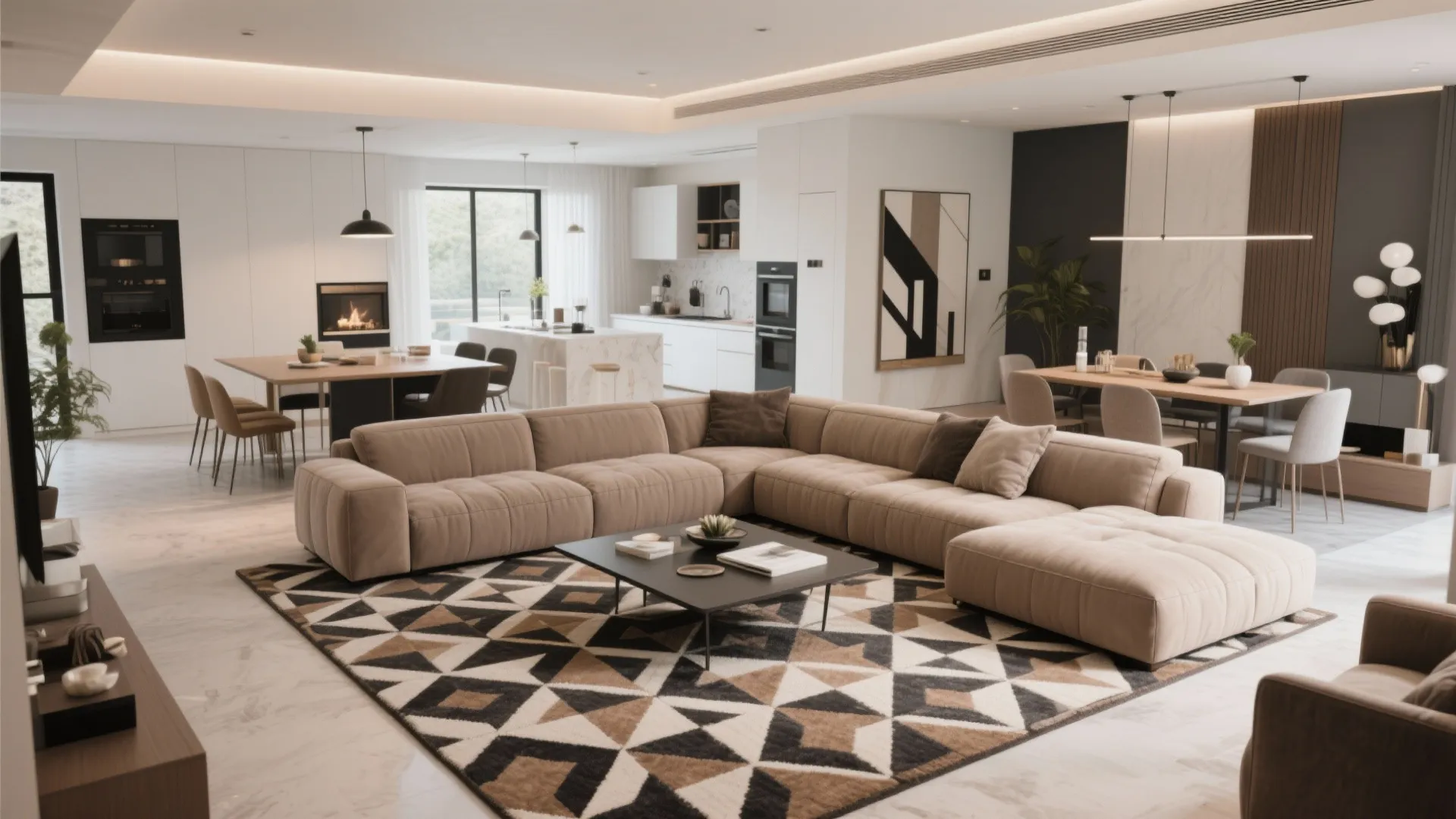 7. Taupe Couch with Patterned Rug