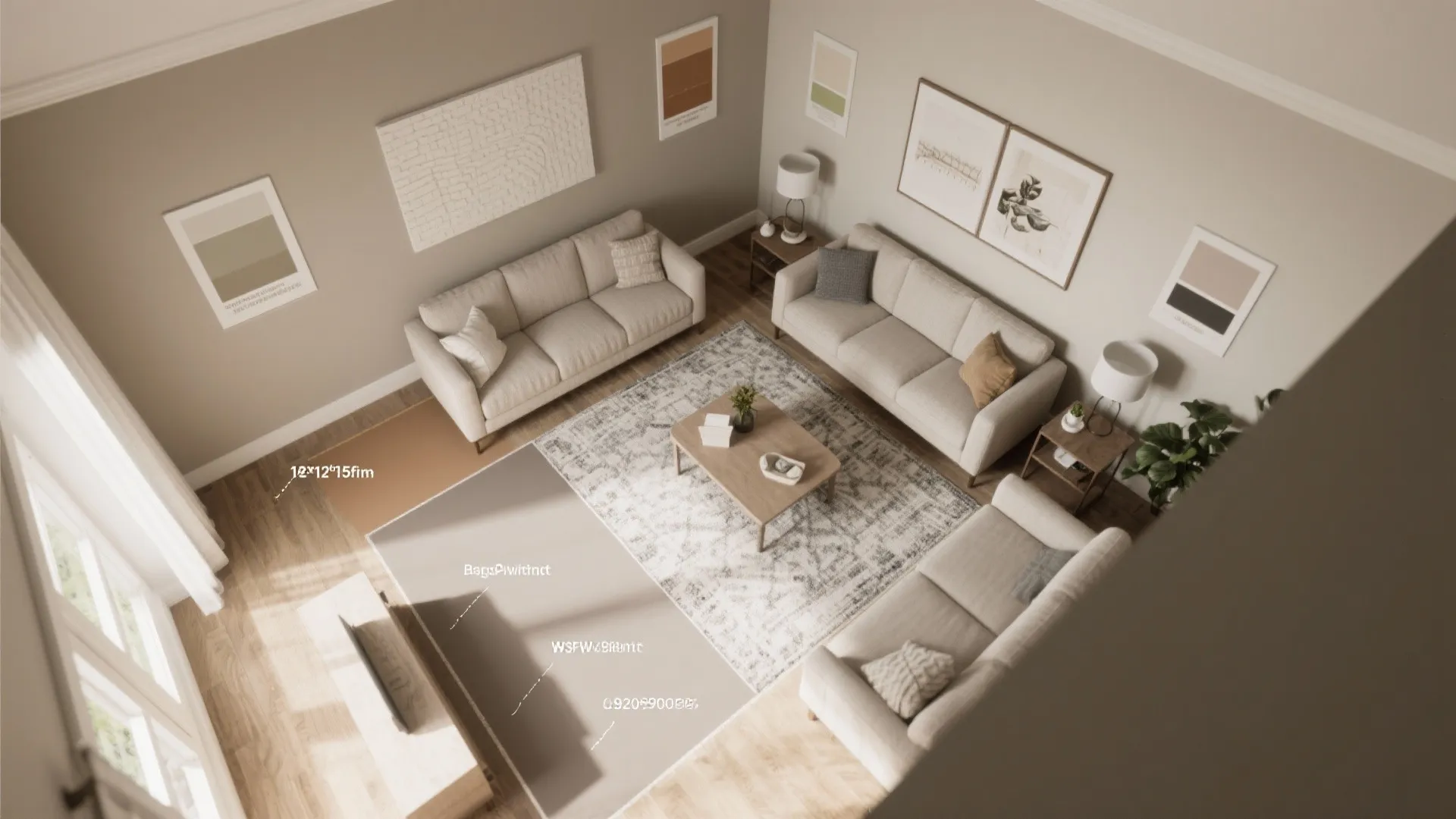 Top-down 3D floor plan of a living room showing taupe wall options and furniture zones.