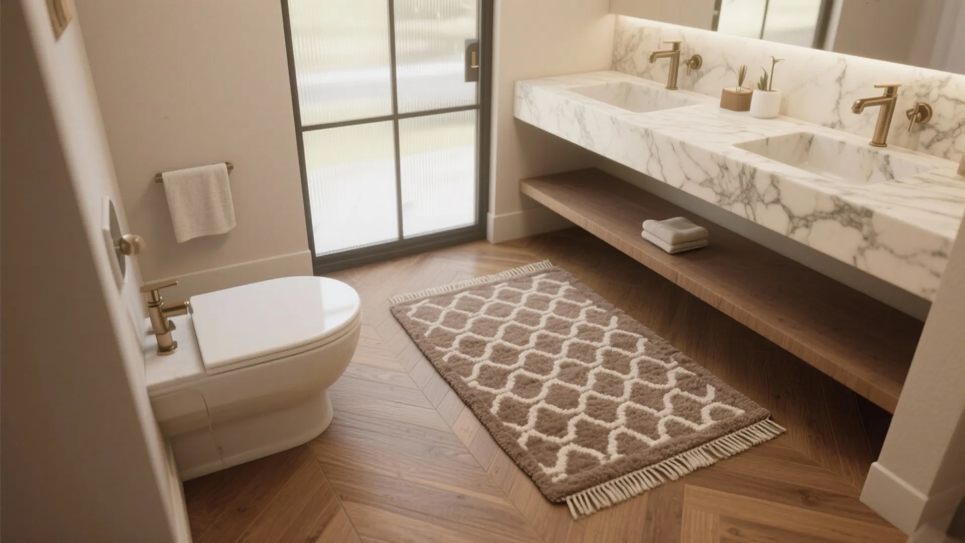 Modern bathroom with marble double sink wood floor white toilet and a brown patterned rug