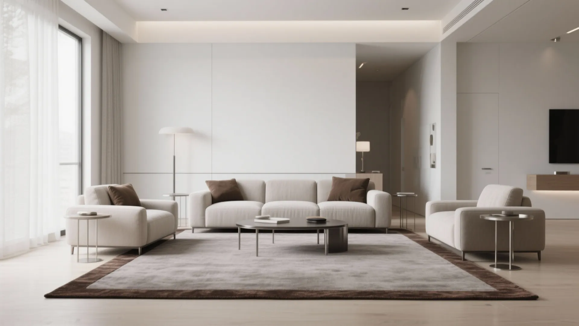 3. Opt for a cool taupe rug with contrasting trim