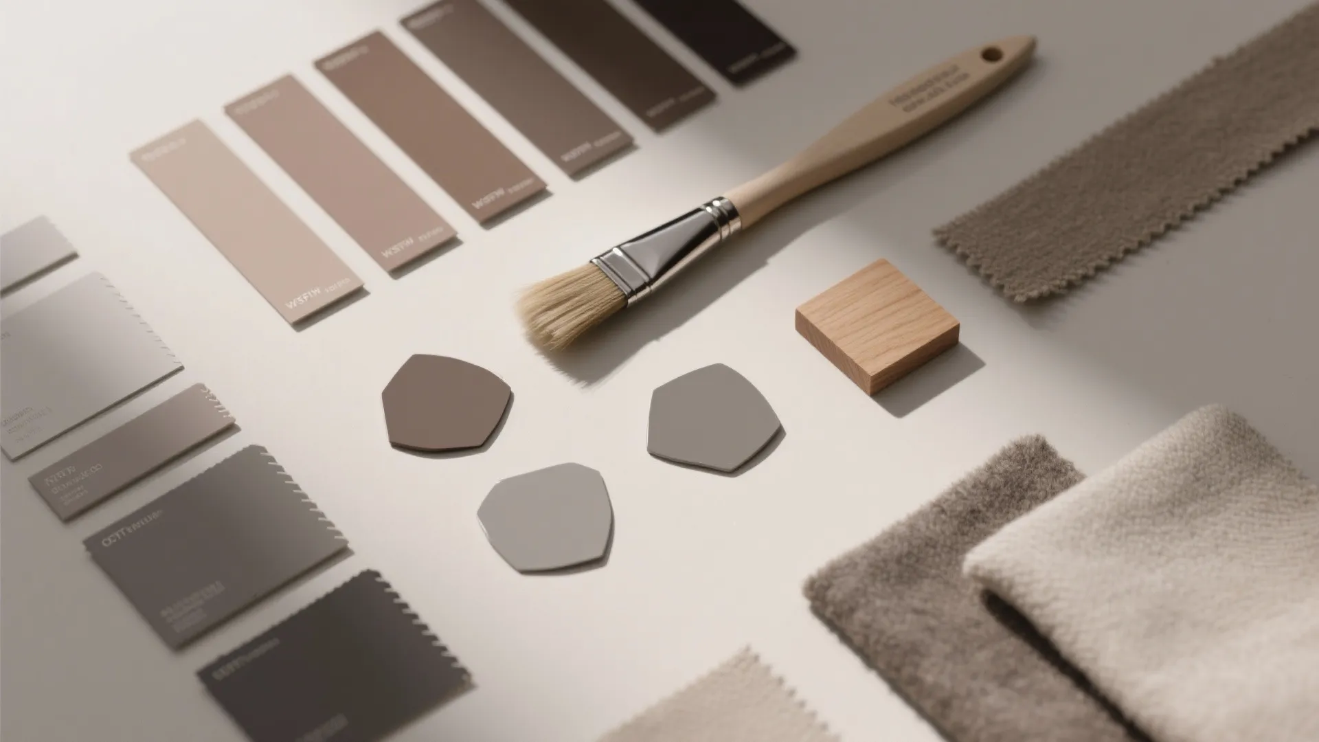 Interior design material board with taupe color paint samples fabric swatches wooden block and brush