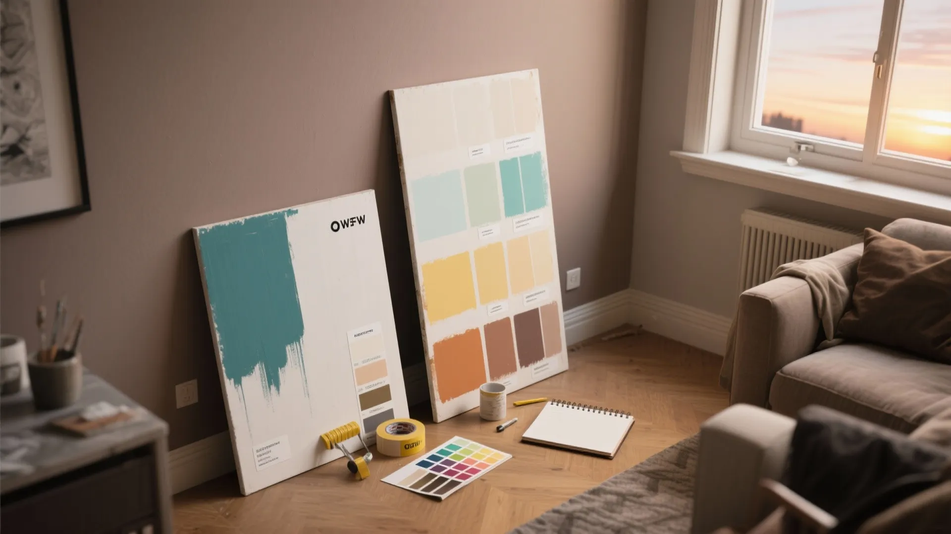 Interior design planning with color paint swatches notebook and tools on wooden floor by windows