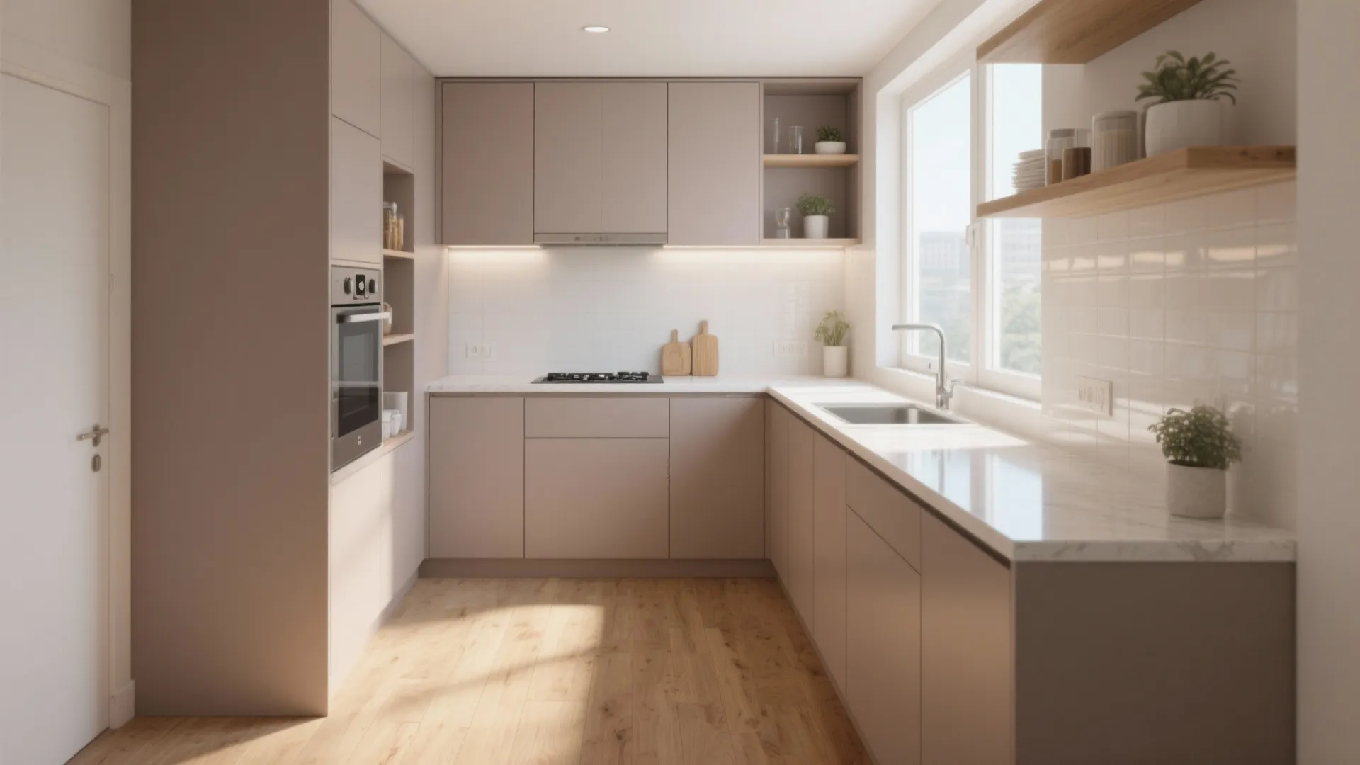 Compact kitchen with light taupe cabinets, open shelving, and bright countertops under daylight