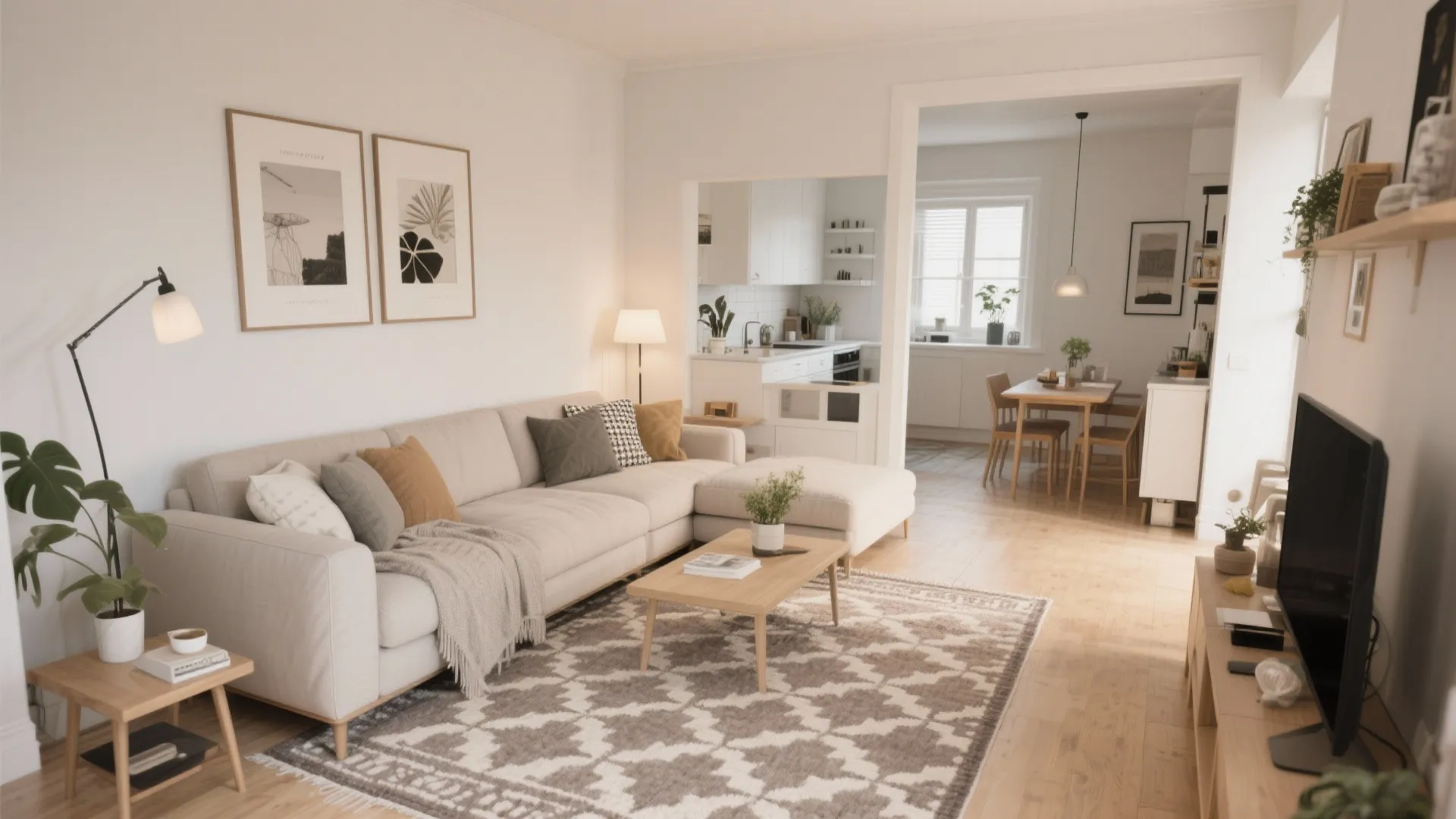 Modern living room with a large patterned rug cream sofa wooden coffee table and plants
