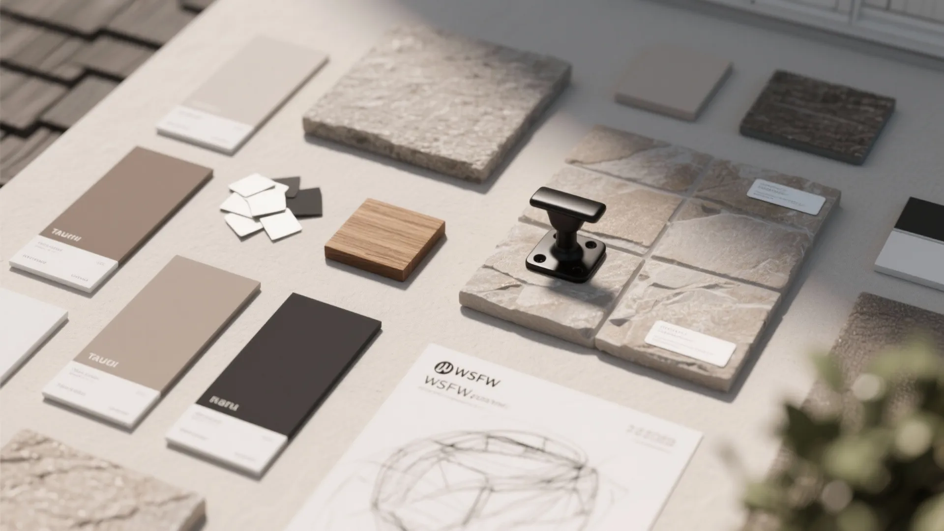 Interior design materials including color swatches, stone tiles, wood sample, and black metal door handle