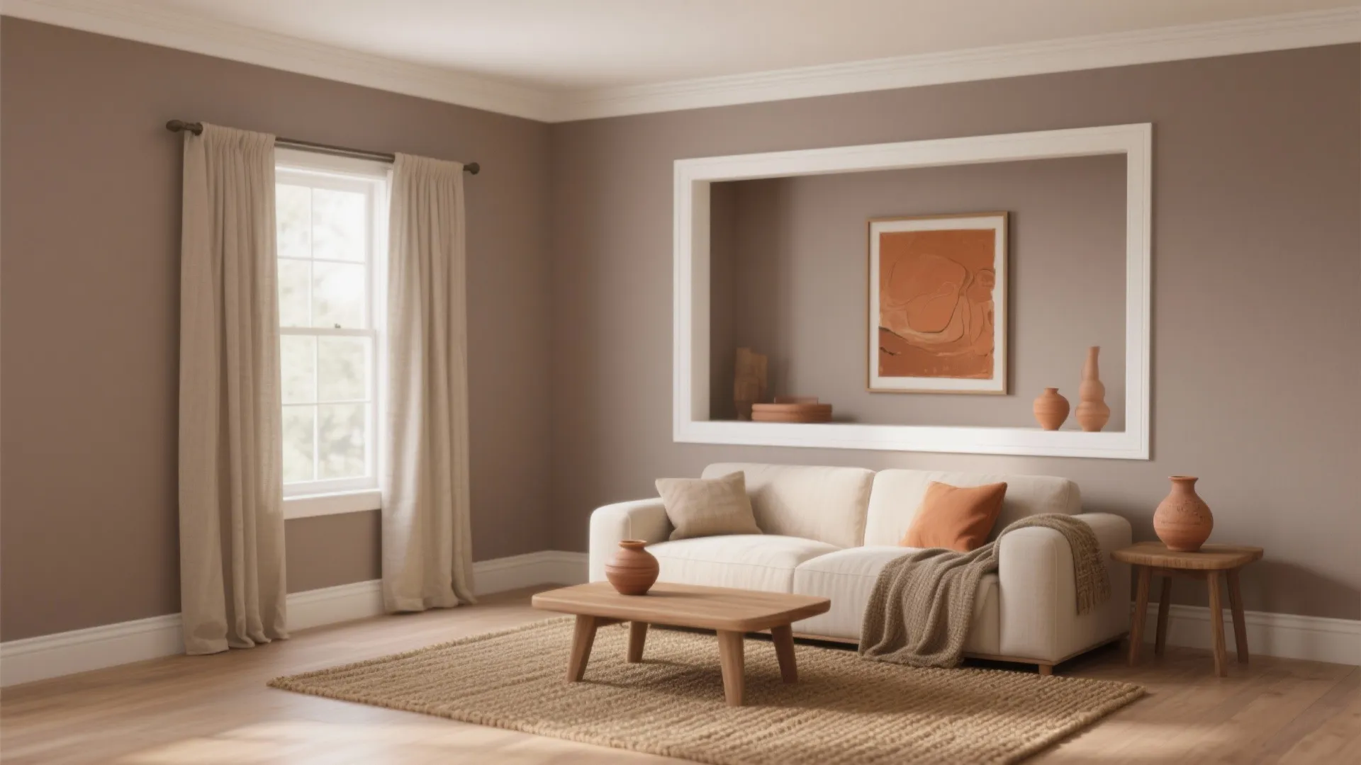 Warm brown living room with beige sofa wooden coffee table woven rug and neutral curtains