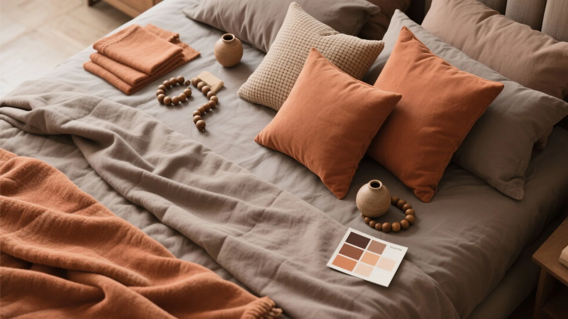 Flatlay of warm taupe and terracotta textiles and material swatches for a layered bedroom look.