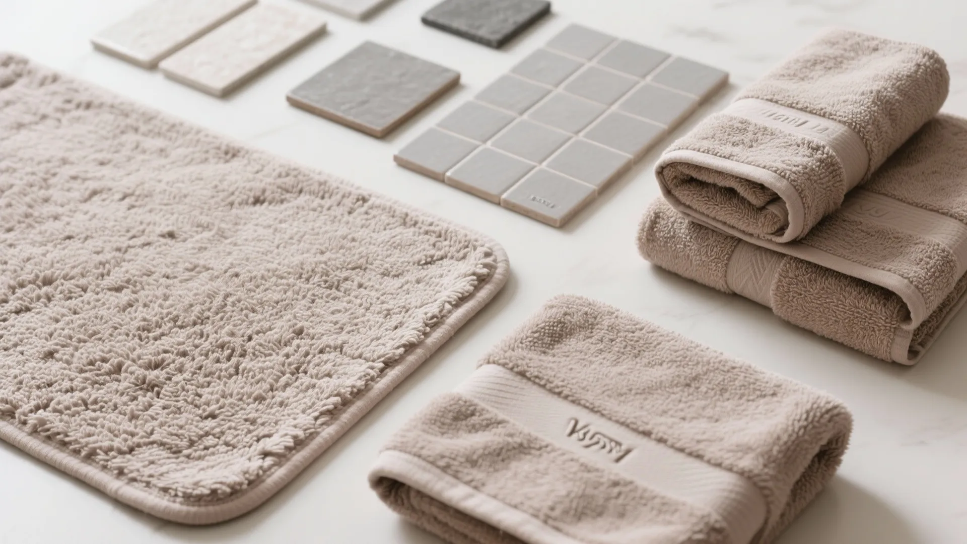 Selection of taupe bathroom towels and grey tiles neatly arranged on a white marble surface