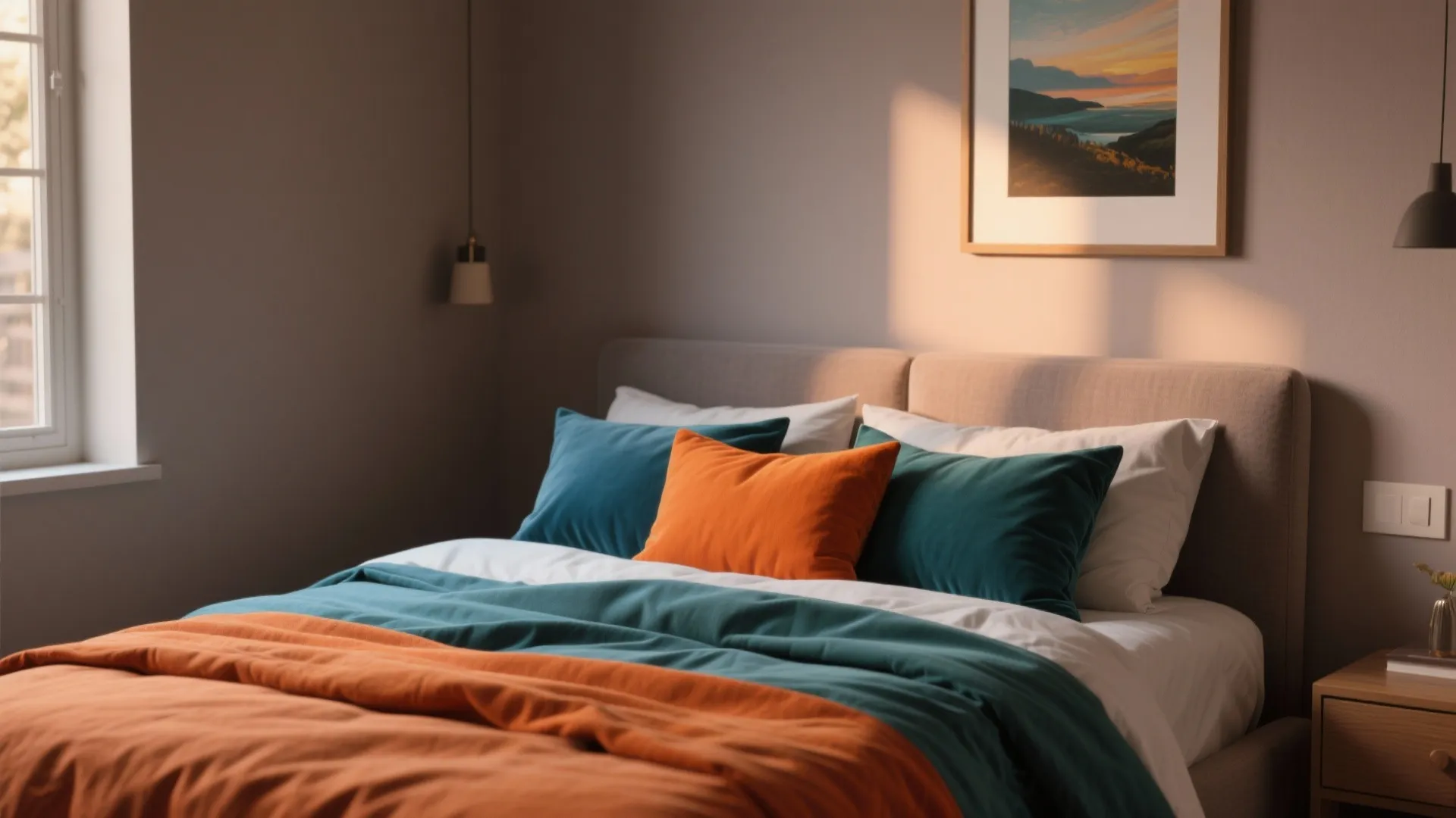 Comfortable bed with teal and orange pillows plus blankets in a modern bedroom with sunlight