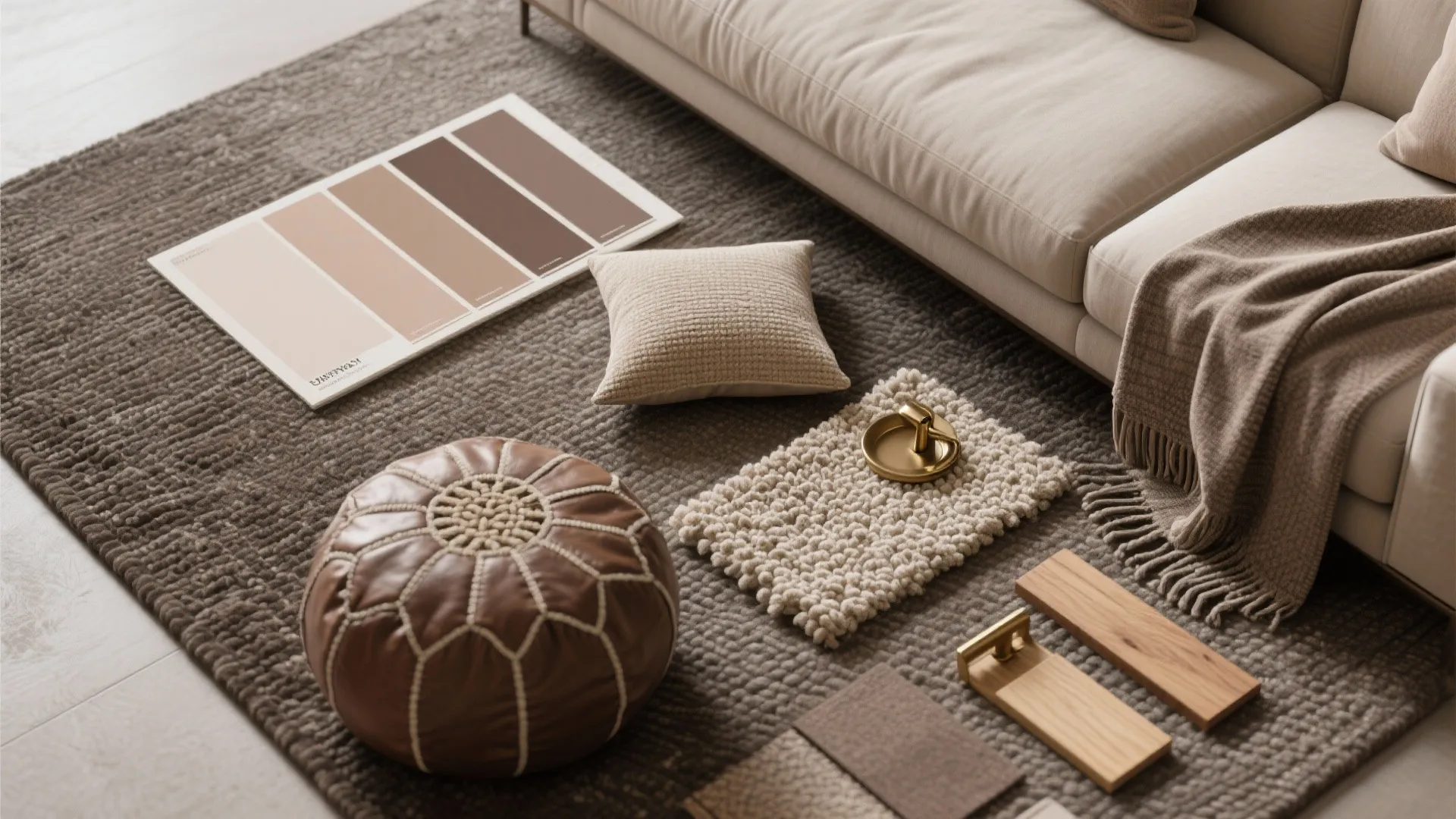 Flatlay of taupe and neutral fabric swatches, boucle throw, leather pouf and rug samples.