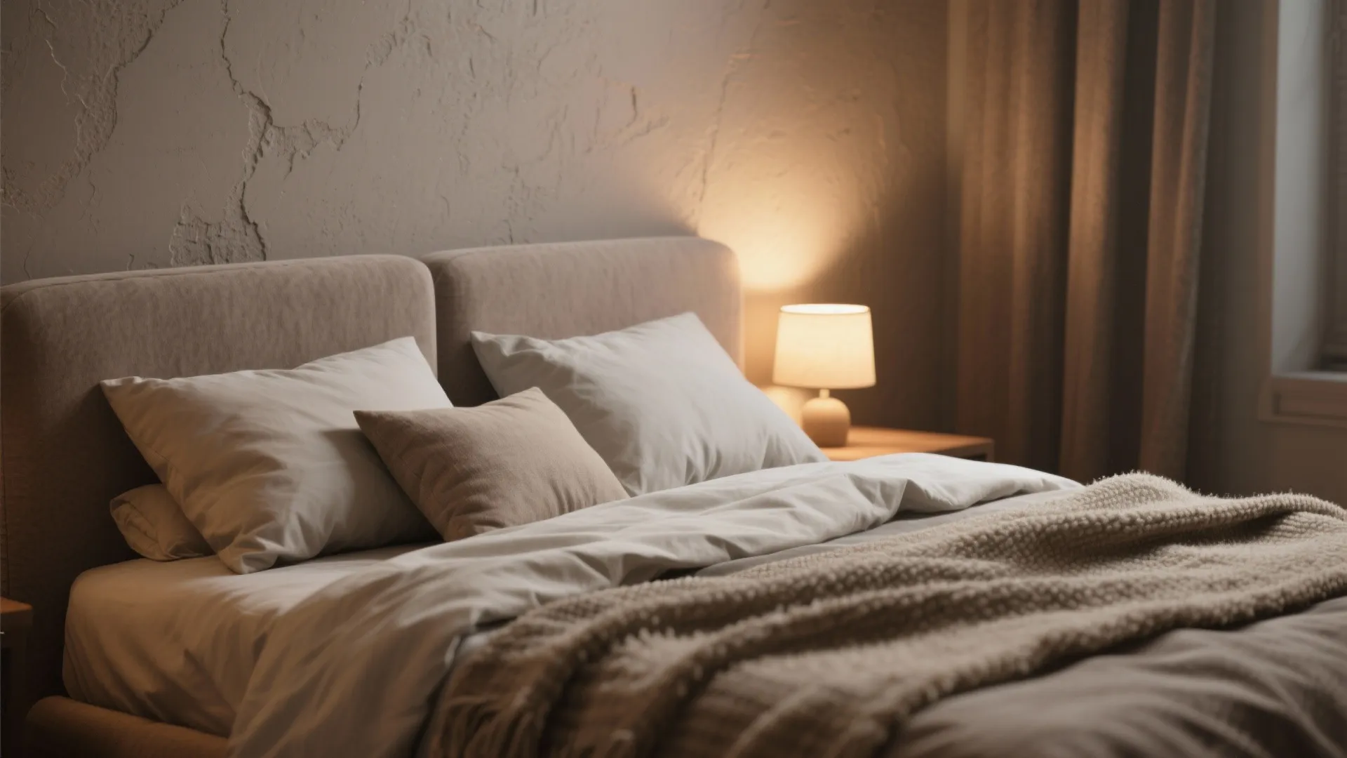 Close-up of textured taupe bedroom wall with layered linens and soft textiles for a cozy feel.