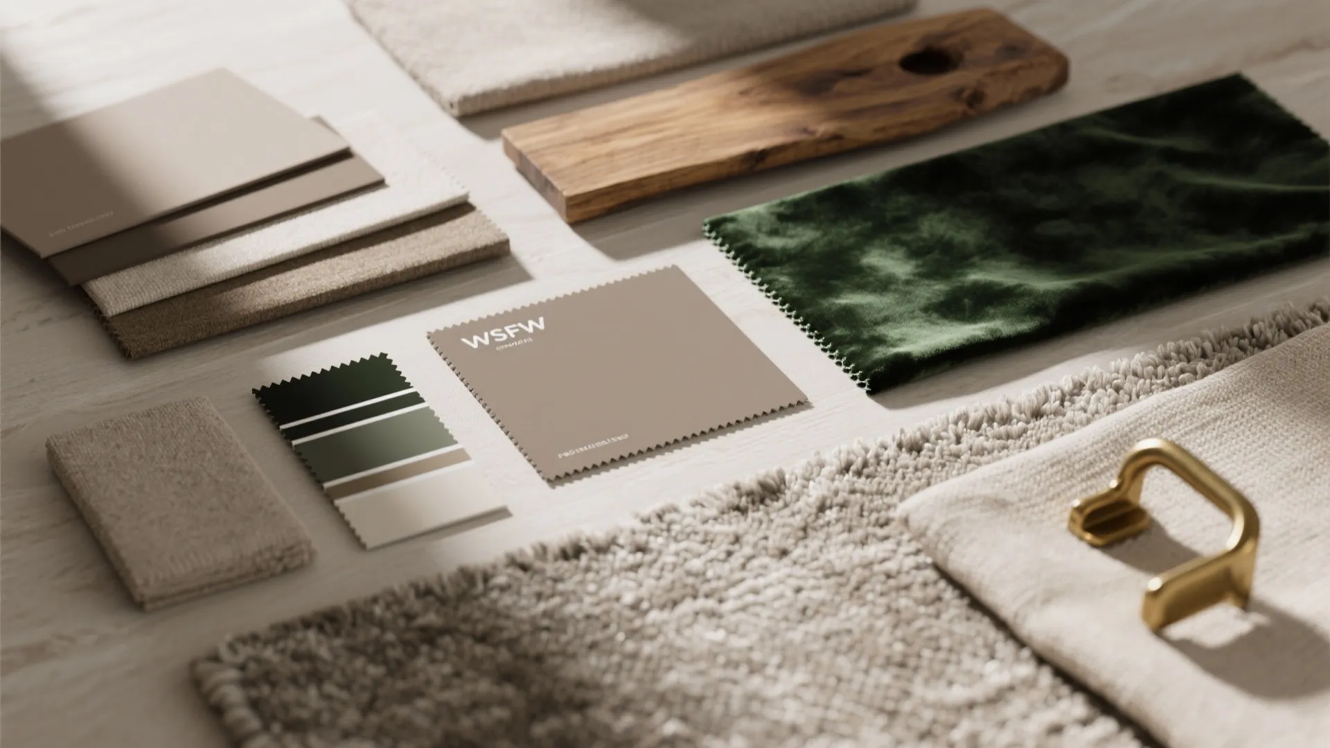 Top-down flatlay of taupe paint chips, velvet swatch, oak veneer, linen and brass samples showing layered textures.