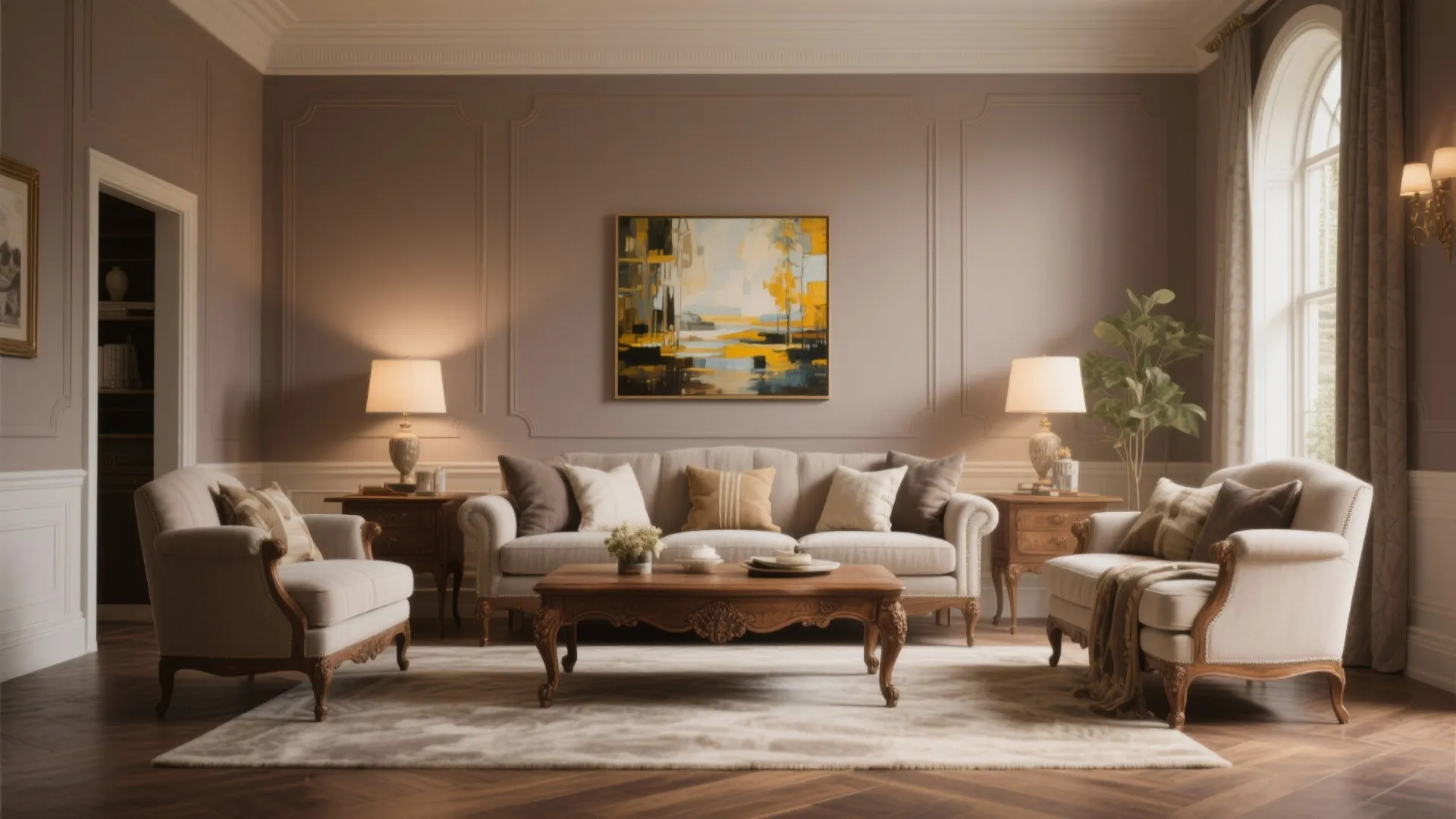 Refined living room with taupe walls and heirloom furniture