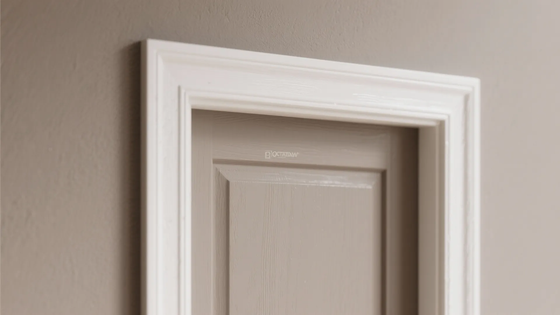 Close up view of white wooden door frame and taupe wall panel with elegant interior details