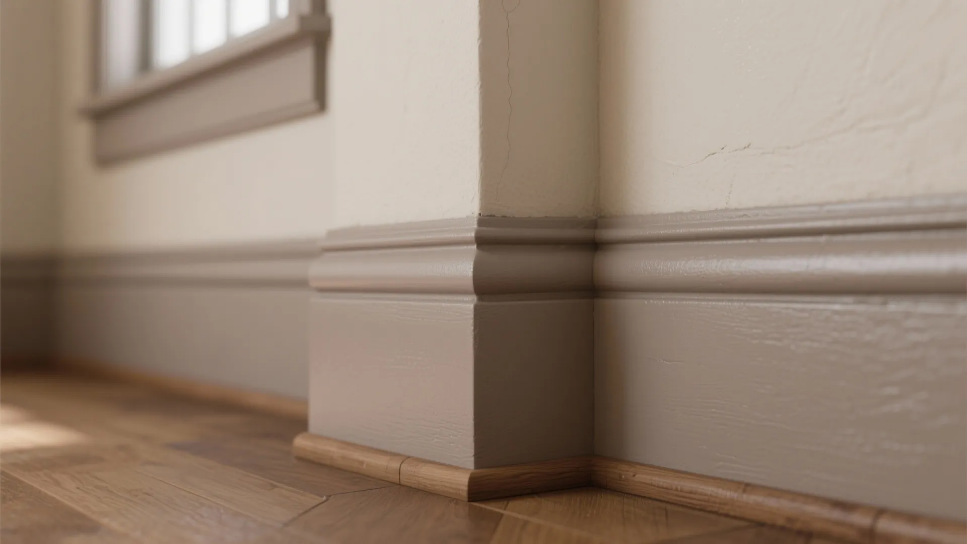 Close-up of soft taupe trim on baseboard and window casing highlighting paint finish and joinery.