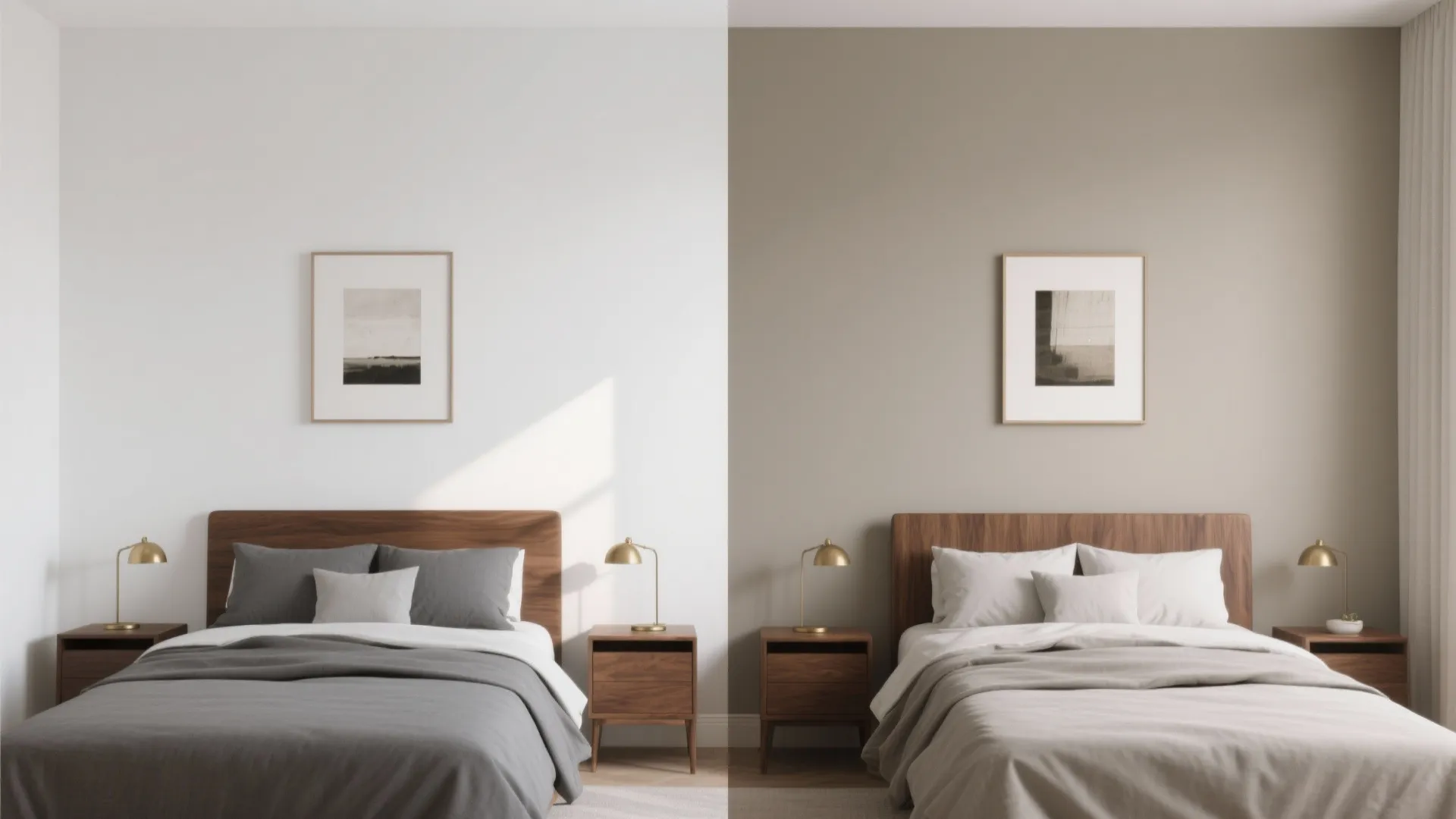 Comparison of two bedrooms showing one with white walls and another with light taupe walls