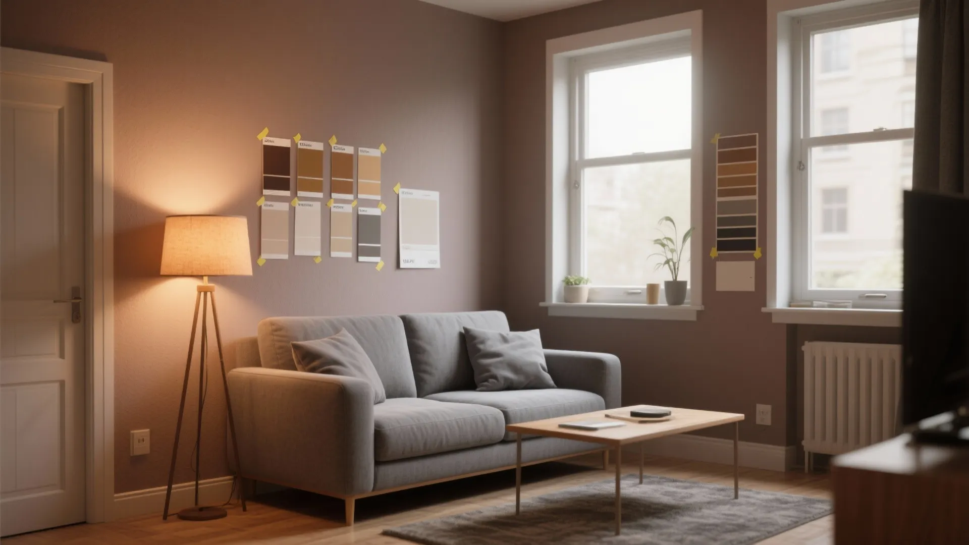 Modern living room with taupe walls grey sofa wooden coffee table floor lamp and swatches