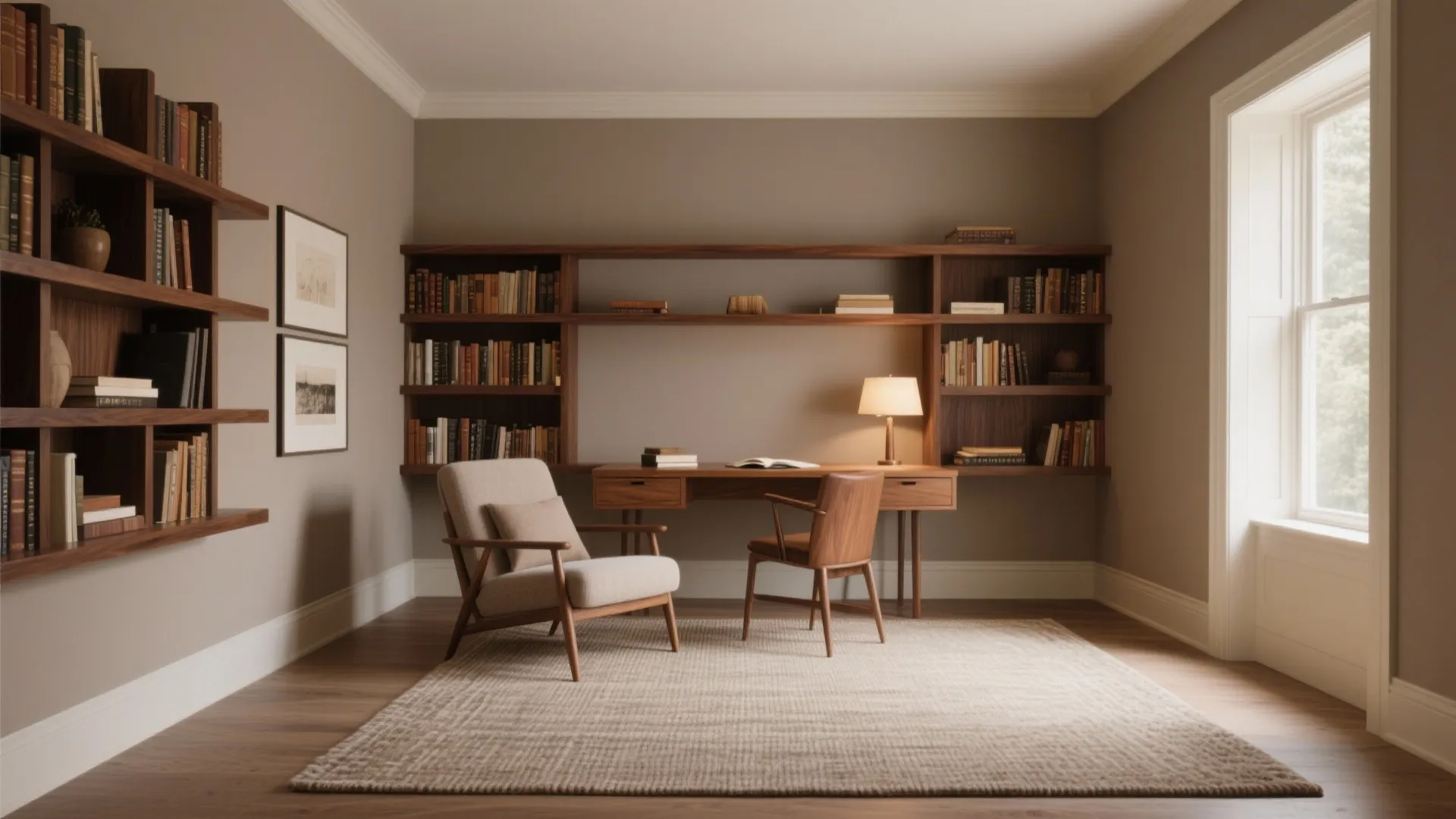 Classic home office with brown walls wood bookshelves wooden desk comfy chair and large bright windows