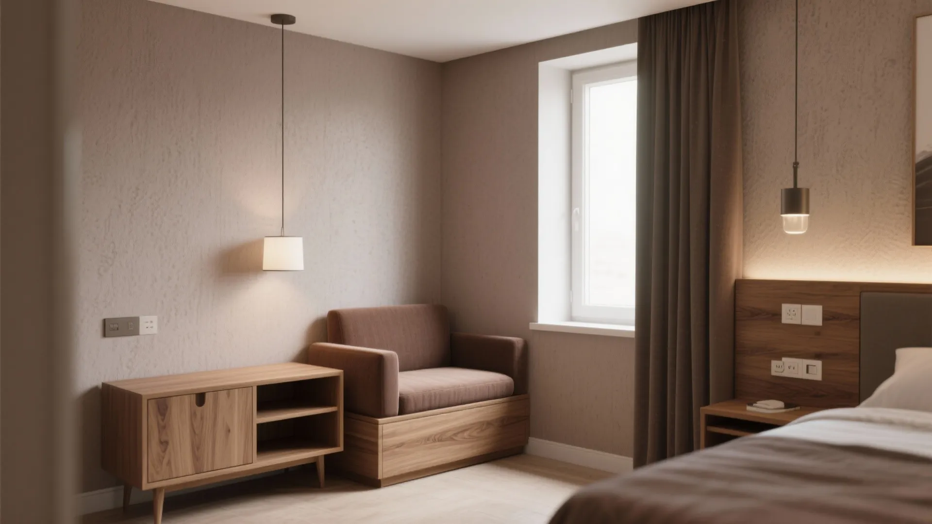 Minimalist bedroom corner featuring a brown sofa, wooden cabinet, ceiling light, window, and neutral walls