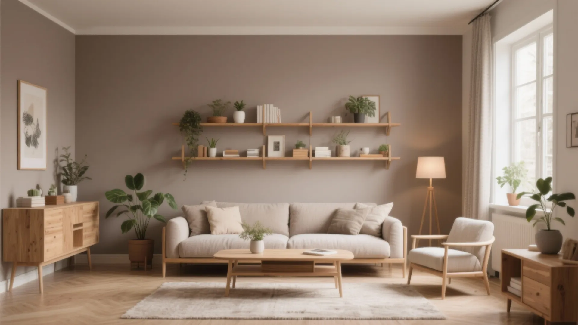 Modern living room with taupe walls wooden shelves white sofa coffee table and green potted plants