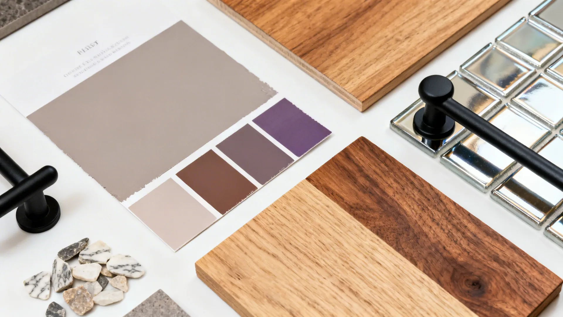 Taupe-grey paint chips with oak and walnut, stone, and matte black hardware.