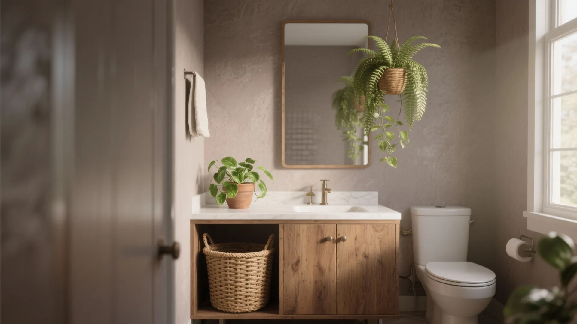 Taupe bathroom with wood-look vanity, rattan basket and humidity-tolerant greenery