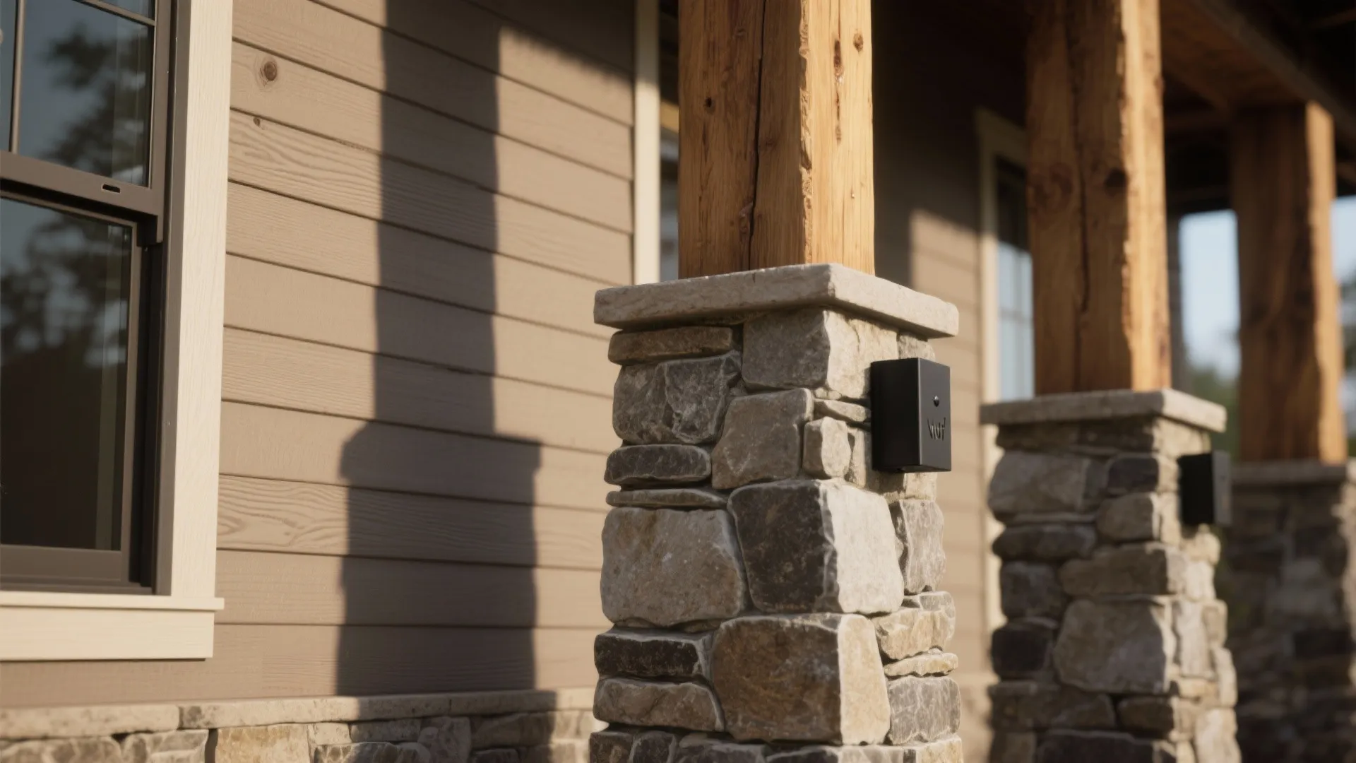 Exterior porch detail showing stone base pillars and wood posts against horizontal taupe wall panels