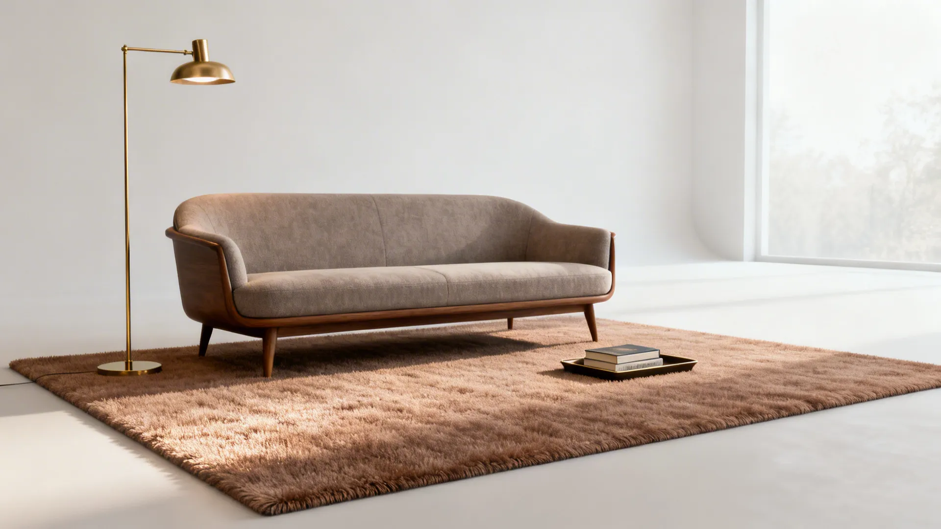 Low-pile warm taupe wool rug under a mid-century sofa with a brass lamp.