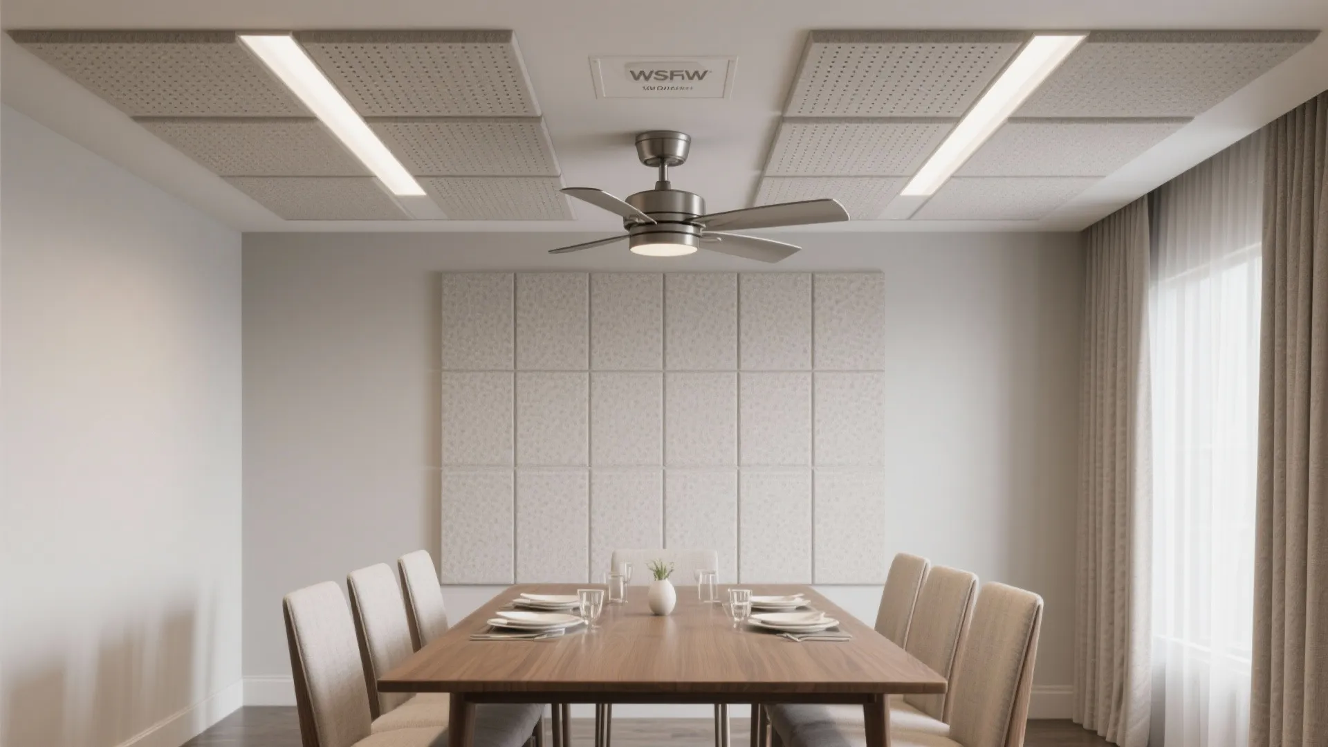 Modern dining room with wooden table grey chairs wall panel ceiling light and integrated ceiling fan