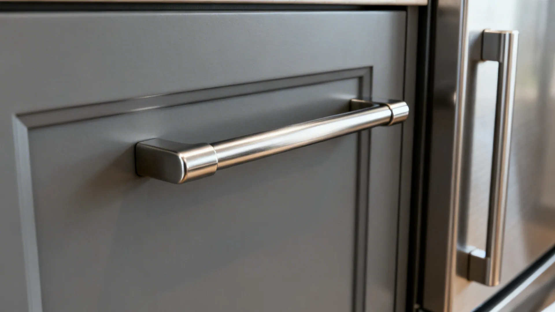 Close-up of a brushed stainless T-bar cabinet handle aligned with a nearby fridge pull.