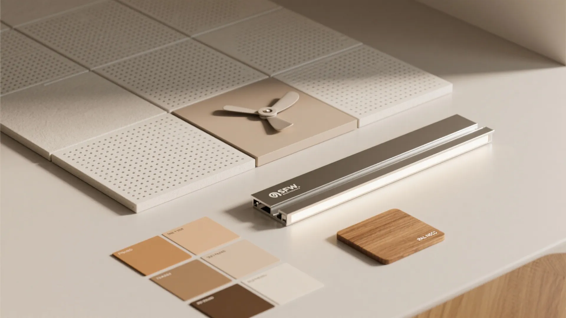 Interior design material board with white textured tiles ceiling fan samples and warm color swatches