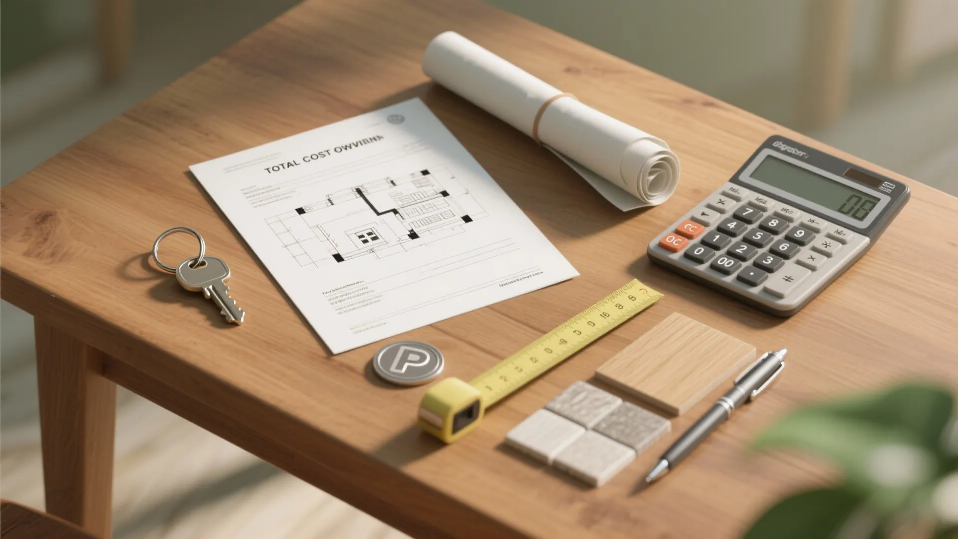 Interior design drawing on a wooden table with calculator, measuring tape, keys, and tile samples