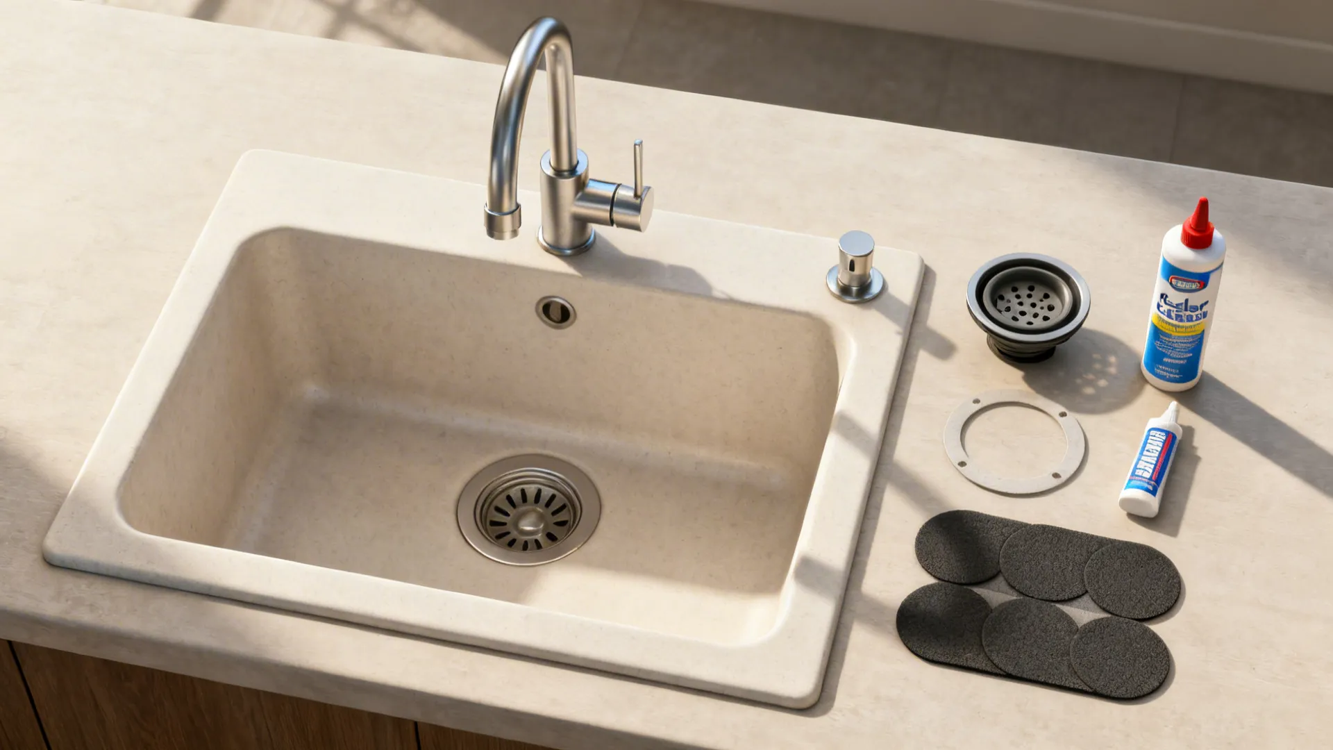 Flat lay of sink, faucet, drain kit, sound pads, and maintenance supplies for TCO.