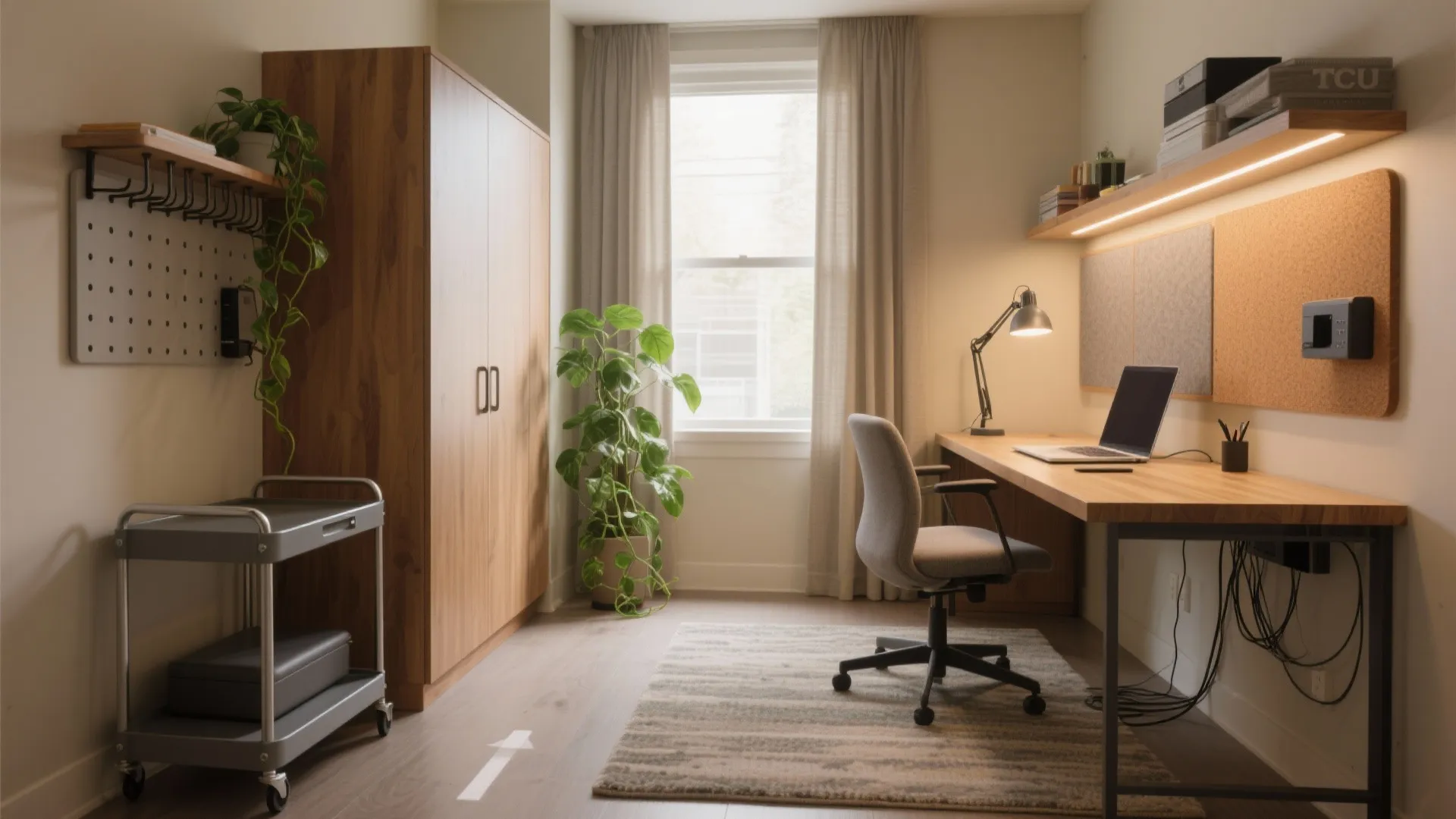 Modern home office with wooden desk grey chair large wardrobe potted plant and bright window light
