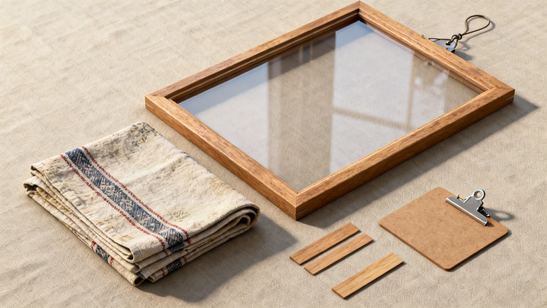 Top-down of a vintage tea towel, wooden frame, clipboards, and mounting strips on linen.
