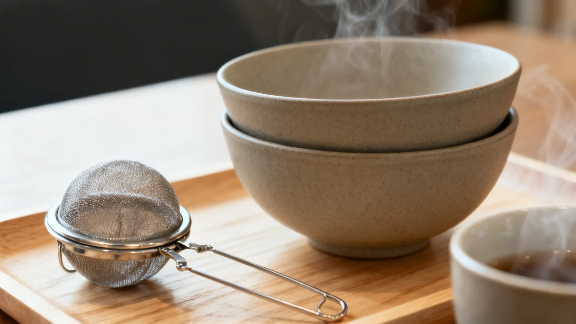 Steaming ceramic bowls and metal tea infuser on wooden tray with cup of hot tea
