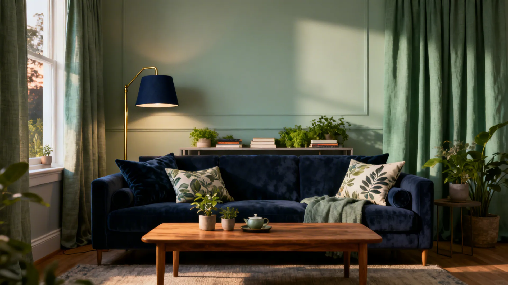 Modern living room with blue sofa, green walls, wooden coffee table, floor lamp and plants