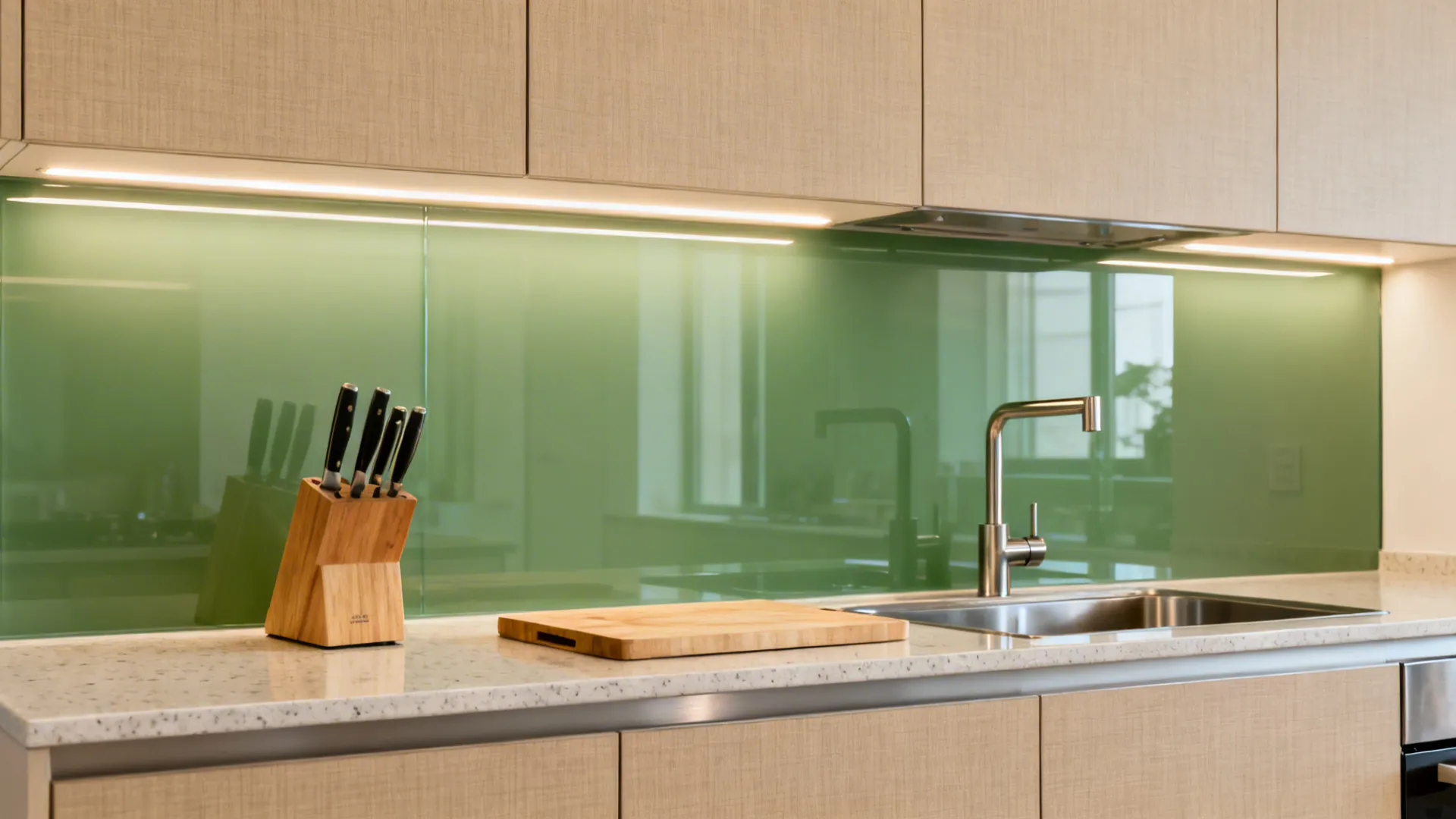 Translucent glass backsplash for brighter prep