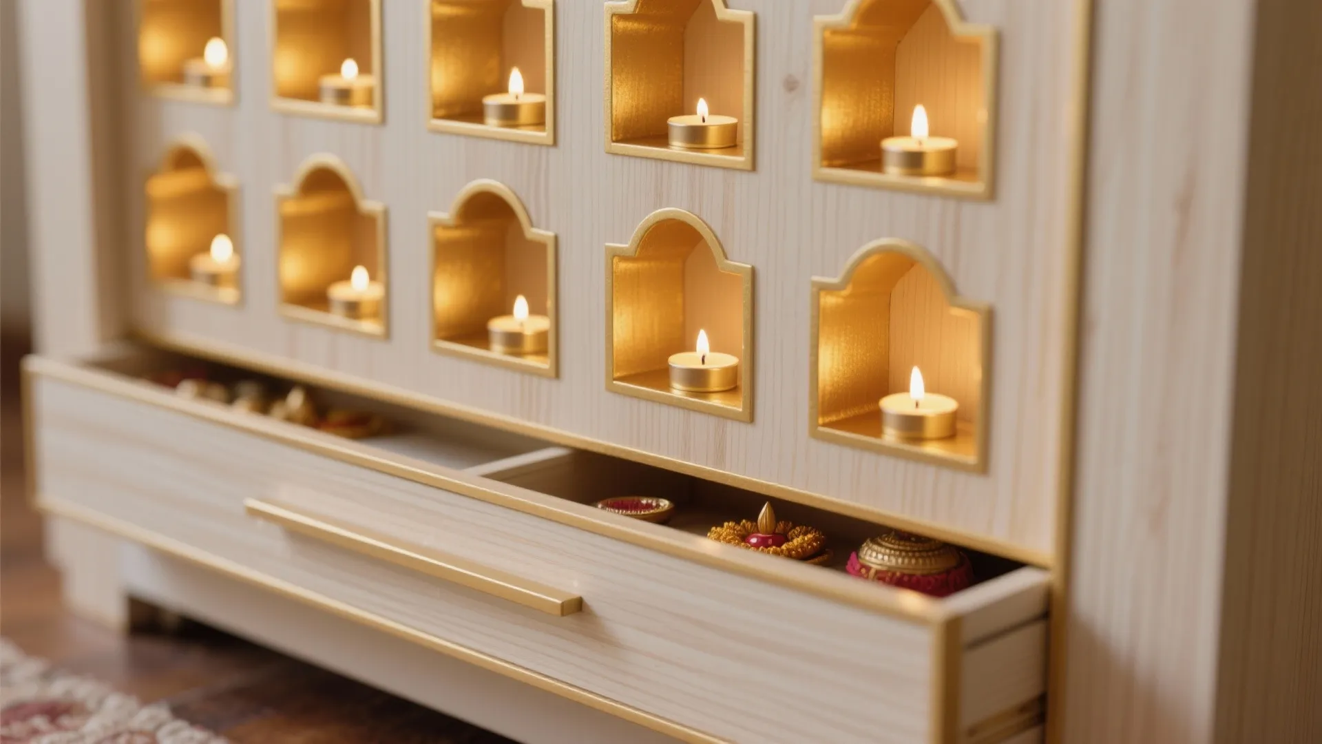 Macro of soft-gold tea-light niches in a light wood screen with a slim storage drawer.