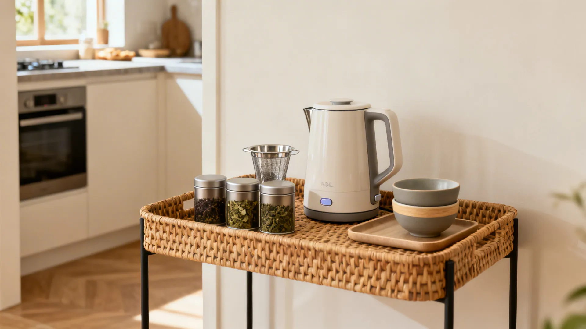 Woven tray holding a white electric kettle three tea jars small bowls and a strainer