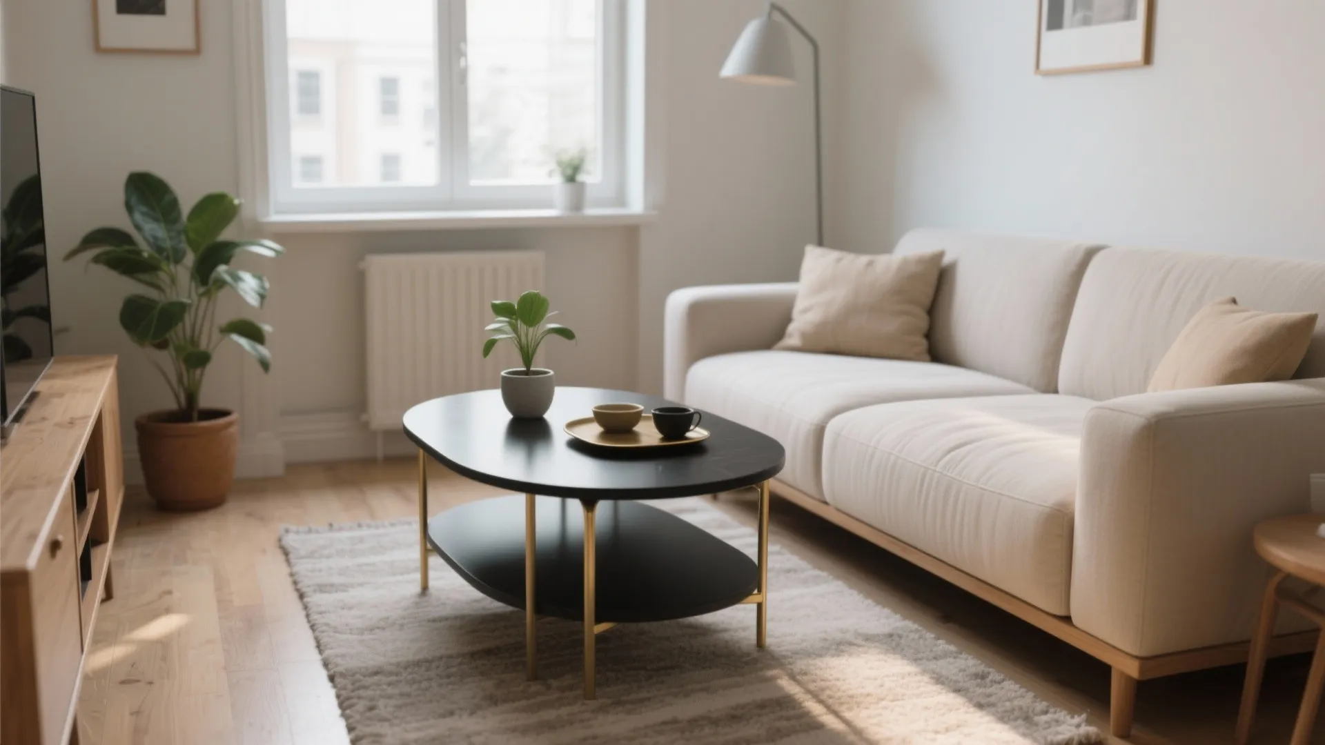 Bright living room featuring black oval coffee table cream sofa green plant and tall lamp