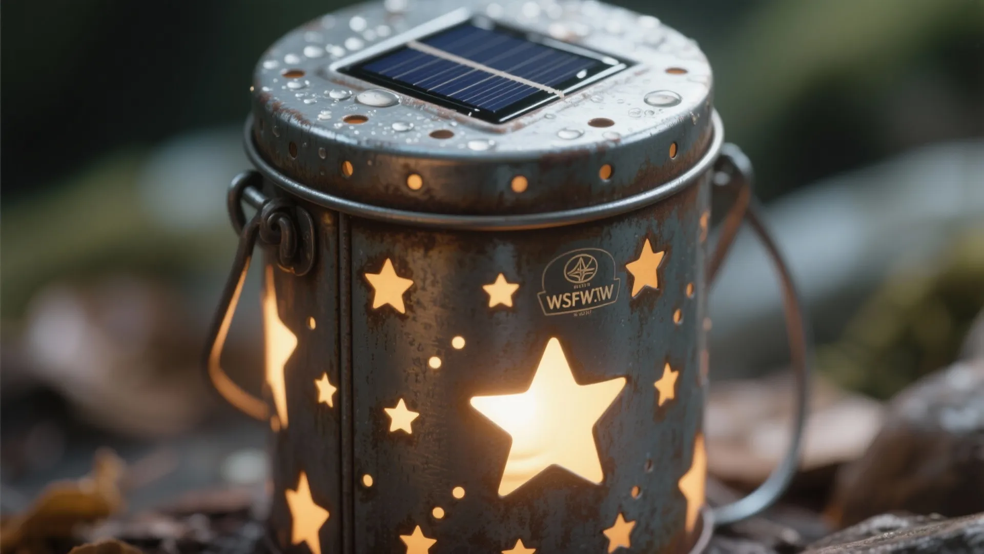 Rustic metal lantern with star cutouts and a solar panel on top glowing in dark