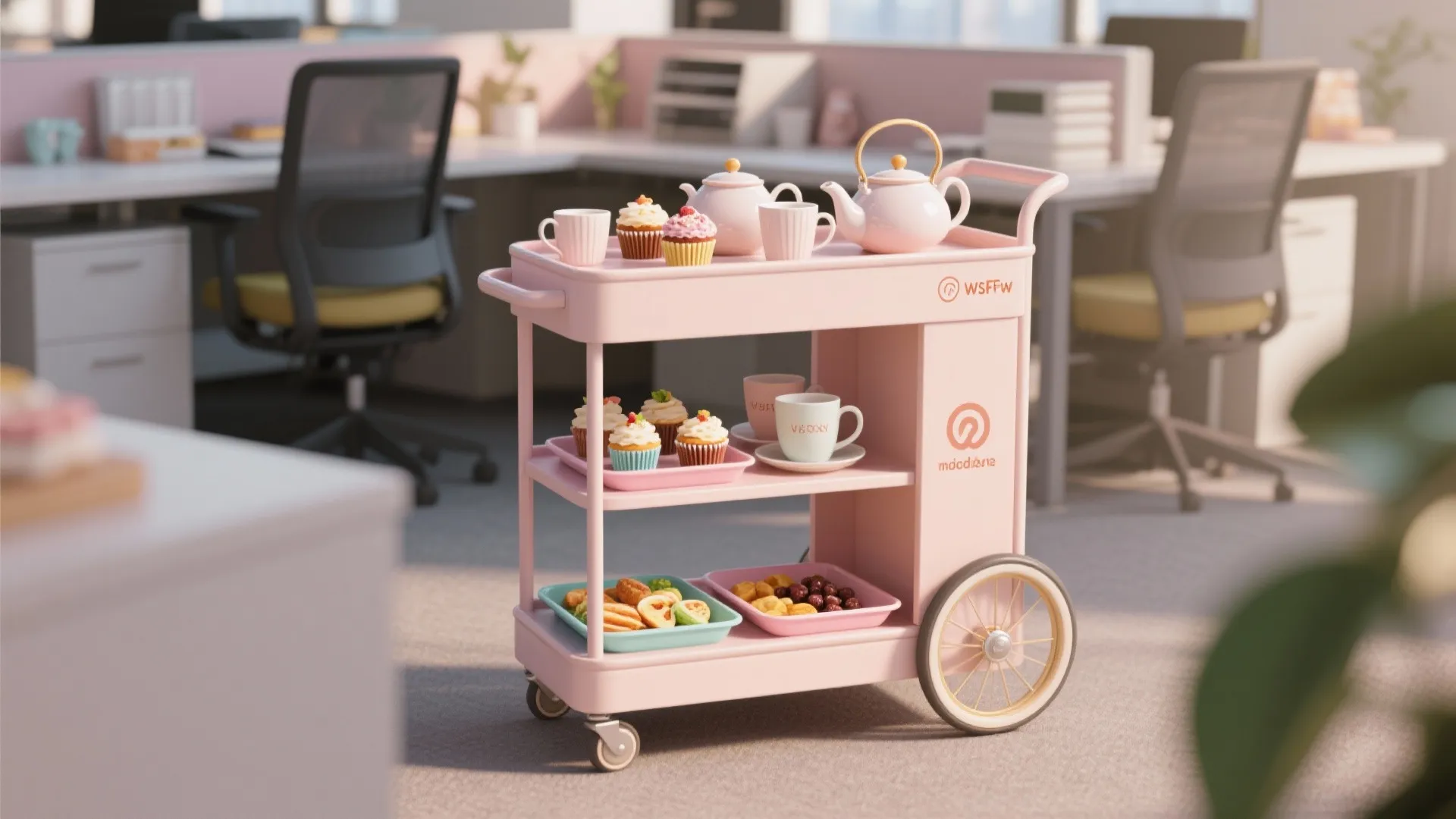 Pink food trolley with tea pots cupcakes and snacks placed in a modern office environment