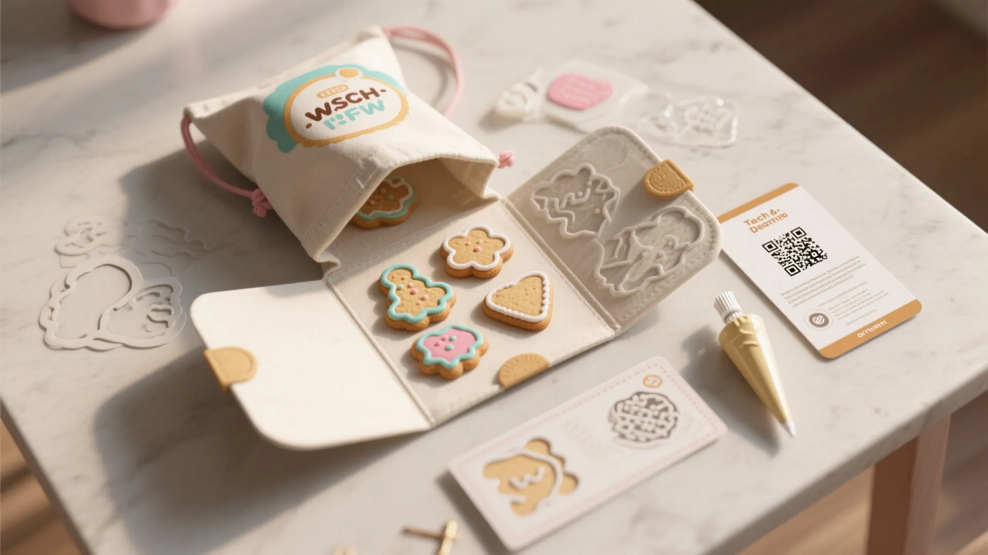 Small fabric pouch and folding case containing decorated cookies on a white marble table surface